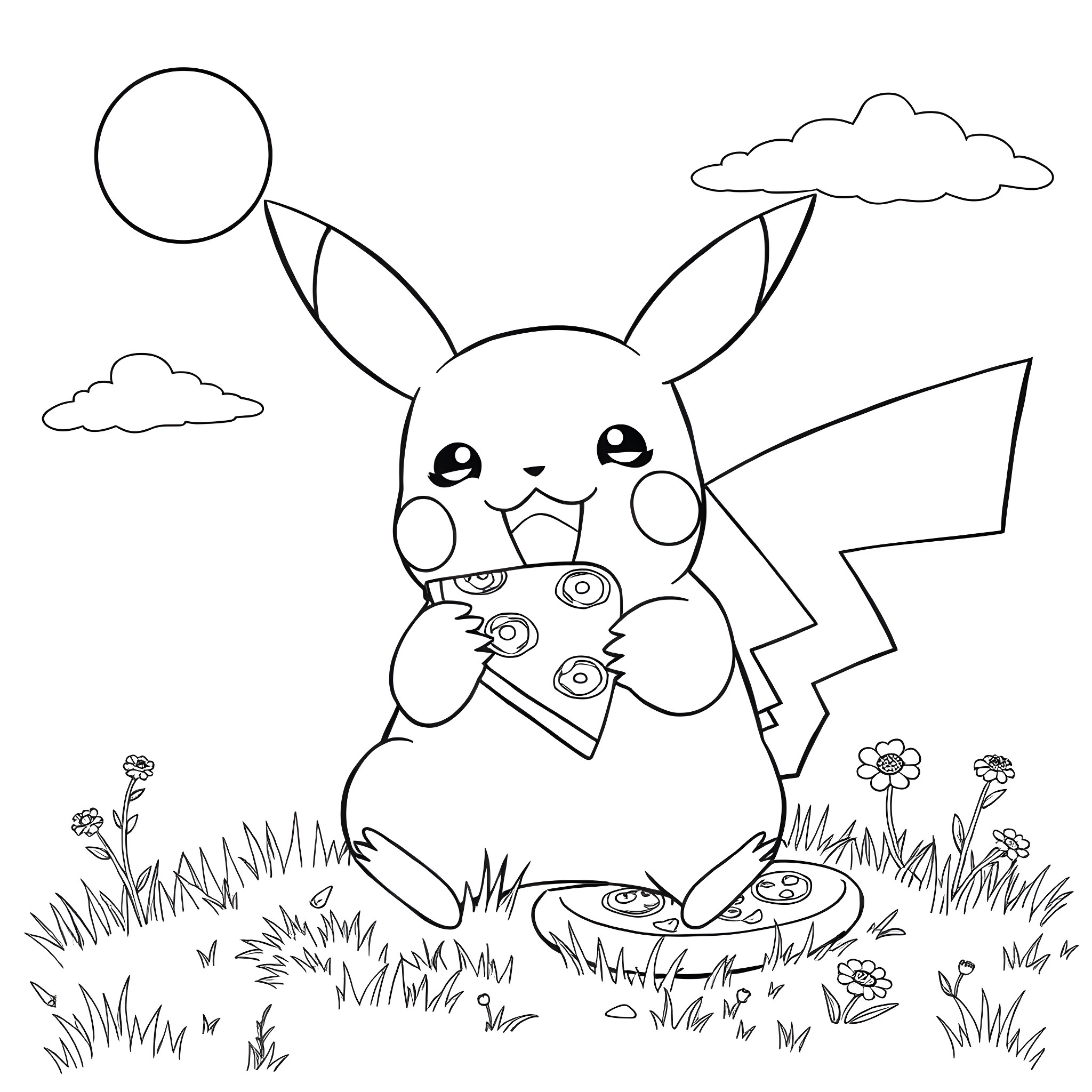 Pikachu sitting on a stump and enjoying the scenery Coloring Page (free black-and-white line drawing printable PDF for all, from beginners to advanced learners, including children, teens, adults, and seniors)
