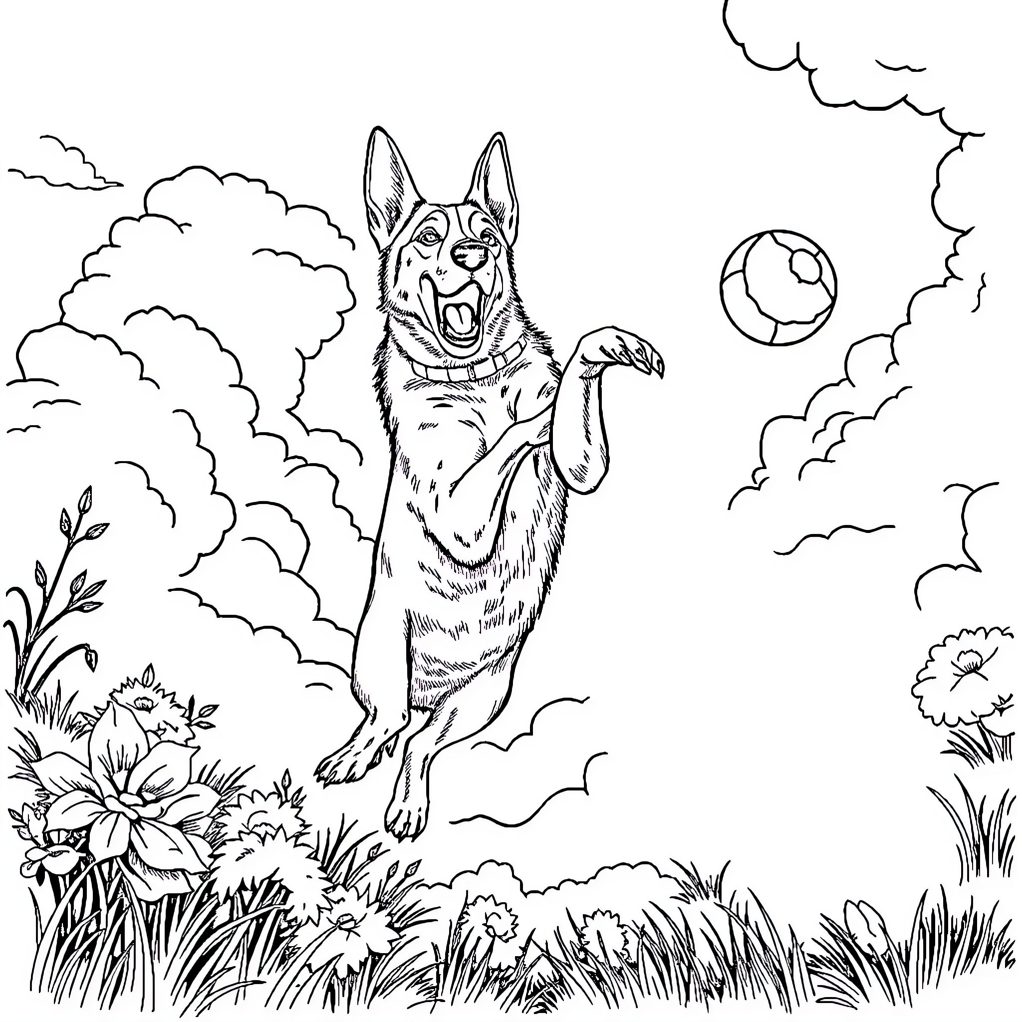 Belgian Malinois playing joyfully in a nature scene Coloring Page (free black-and-white line drawing printable PDF for all, from beginners to advanced learners, including children, teens, adults, and seniors)