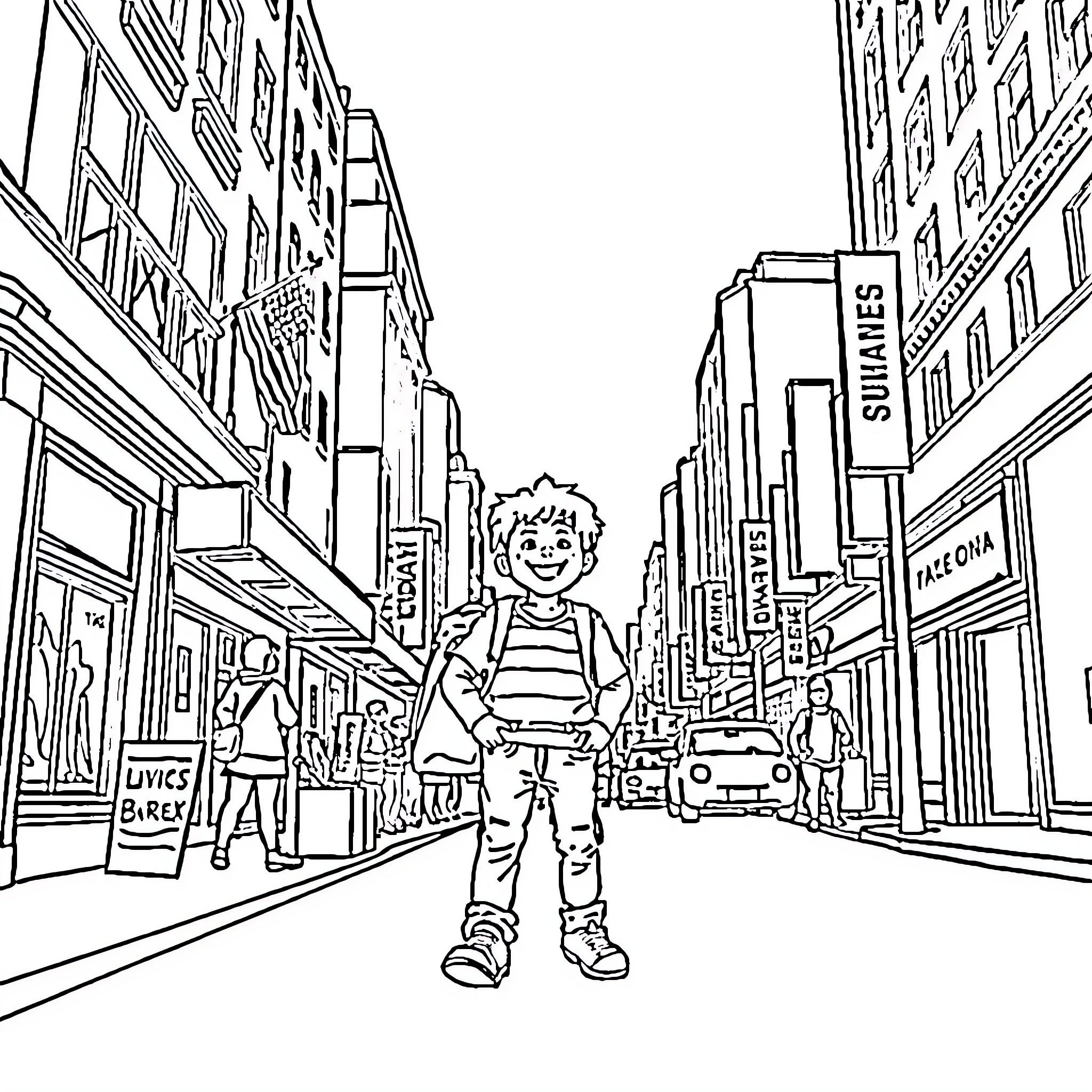 Boy exploring the bustling city streets Coloring Page (free black-and-white line drawing printable PDF for all, from beginners to advanced learners, including children, teens, adults, and seniors)