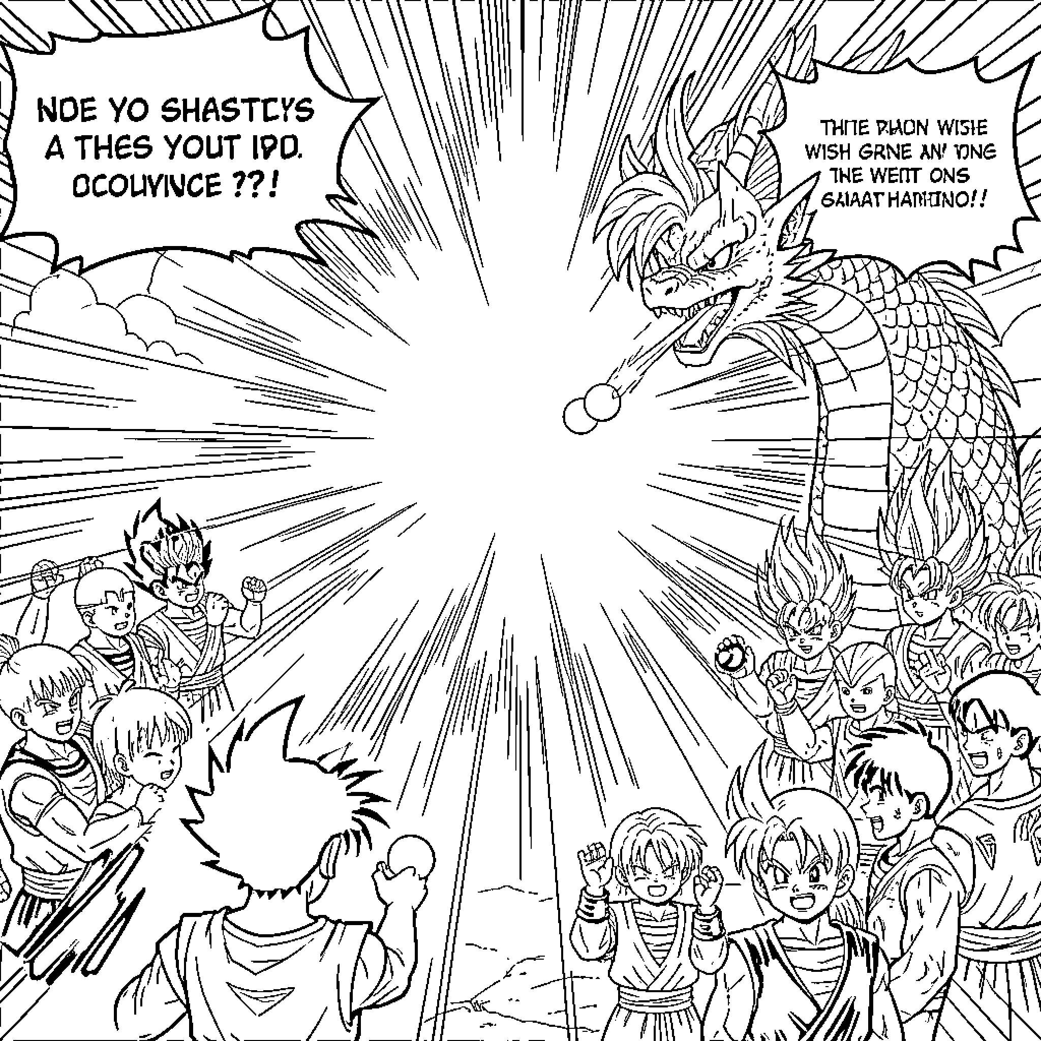 Dragon Ball characters reacting to a glowing wish Coloring Page (free black-and-white line drawing printable PDF for all, from beginners to advanced learners, including children, teens, adults, and seniors)