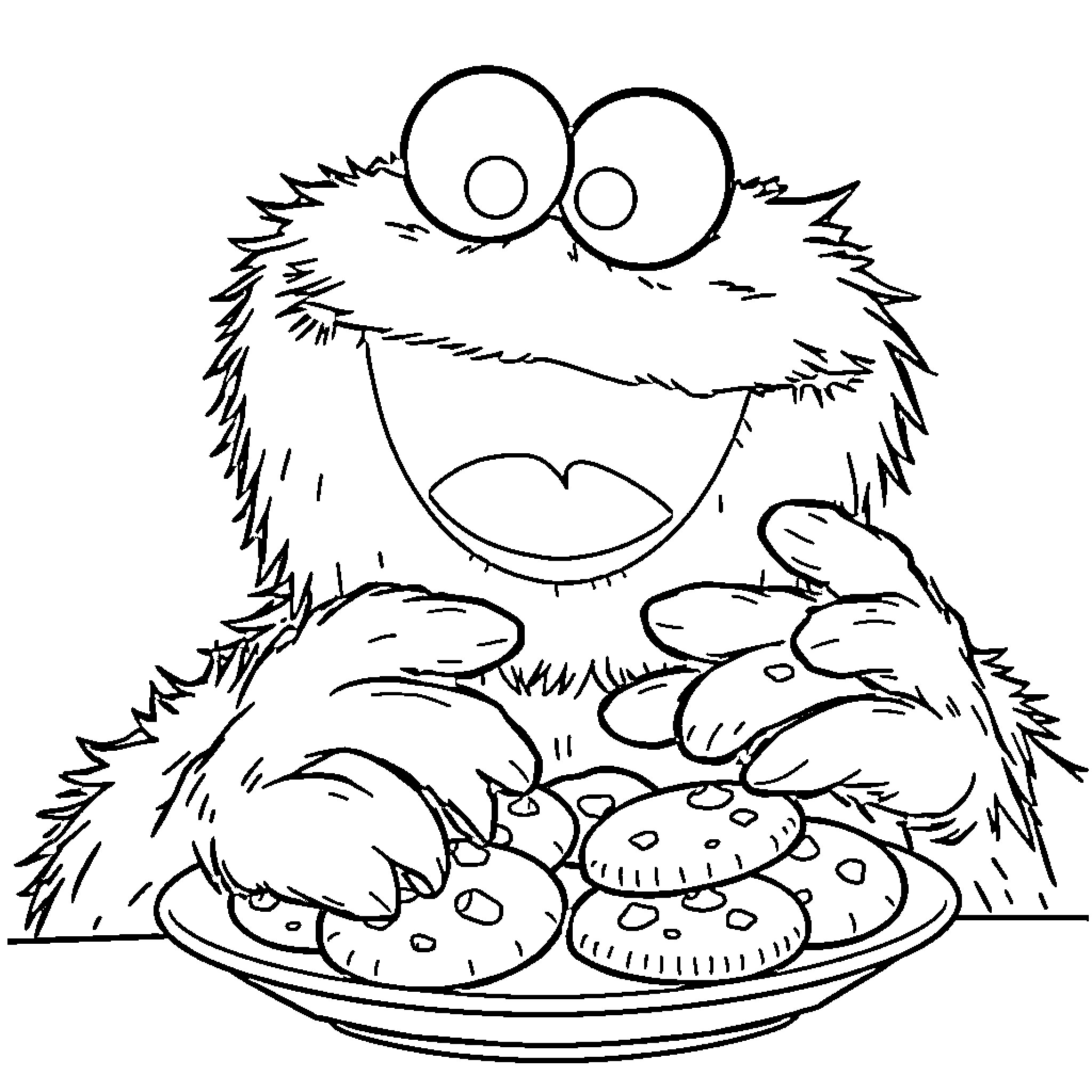 Cookie Monster enjoying a plate of cookies Coloring Page (free black-and-white line drawing printable PDF for all, from beginners to advanced learners, including children, teens, adults, and seniors)