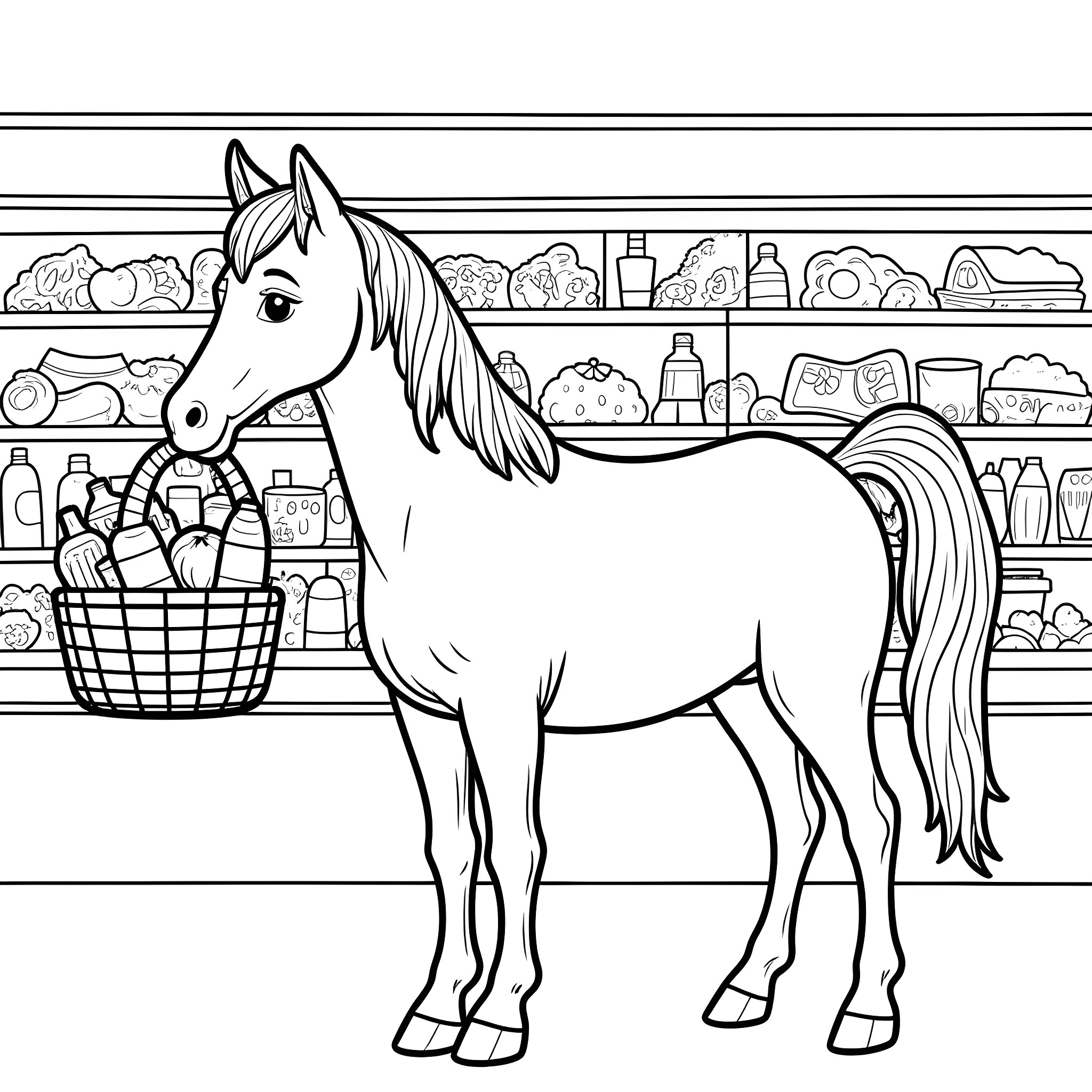 Horse standing in a grocery store with a basket Coloring Page (free black-and-white line drawing printable PDF for all, from beginners to advanced learners, including children, teens, adults, and seniors)
