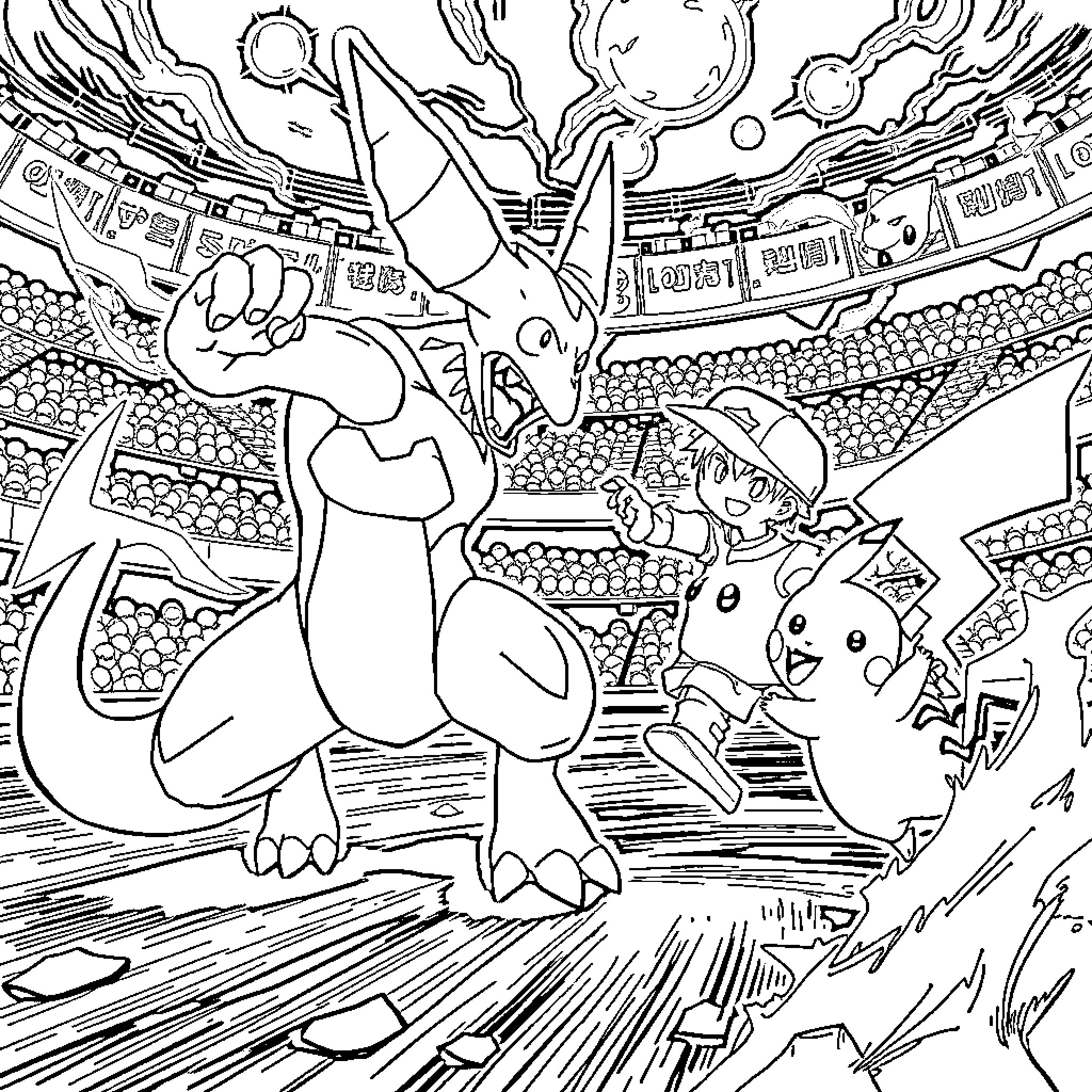 Lucario unleashing powerful attack with Pikachu in battle Coloring Page (free black-and-white line drawing printable PDF for all, from beginners to advanced learners, including children, teens, adults, and seniors)