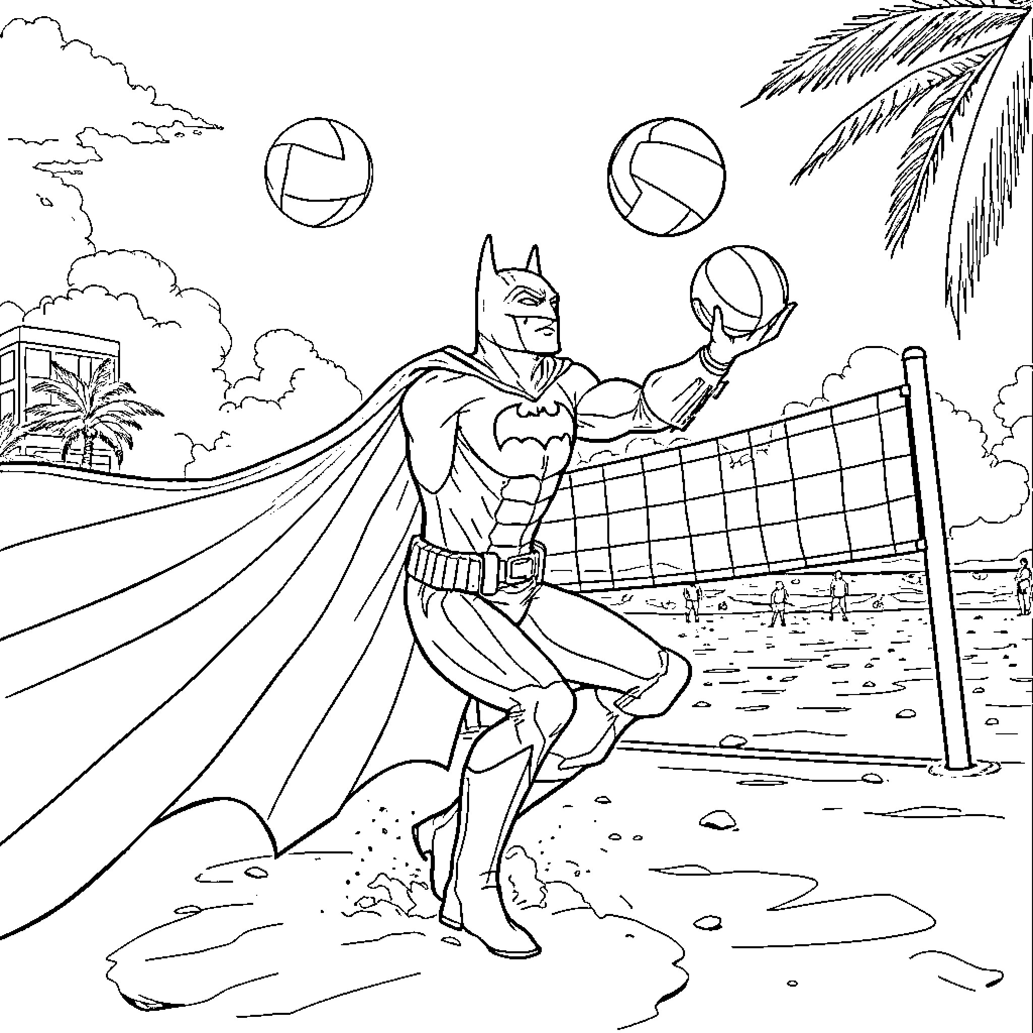 Batman playing beach volleyball on a tropical island Coloring Page (free black-and-white line drawing printable PDF for all, from beginners to advanced learners, including children, teens, adults, and seniors)