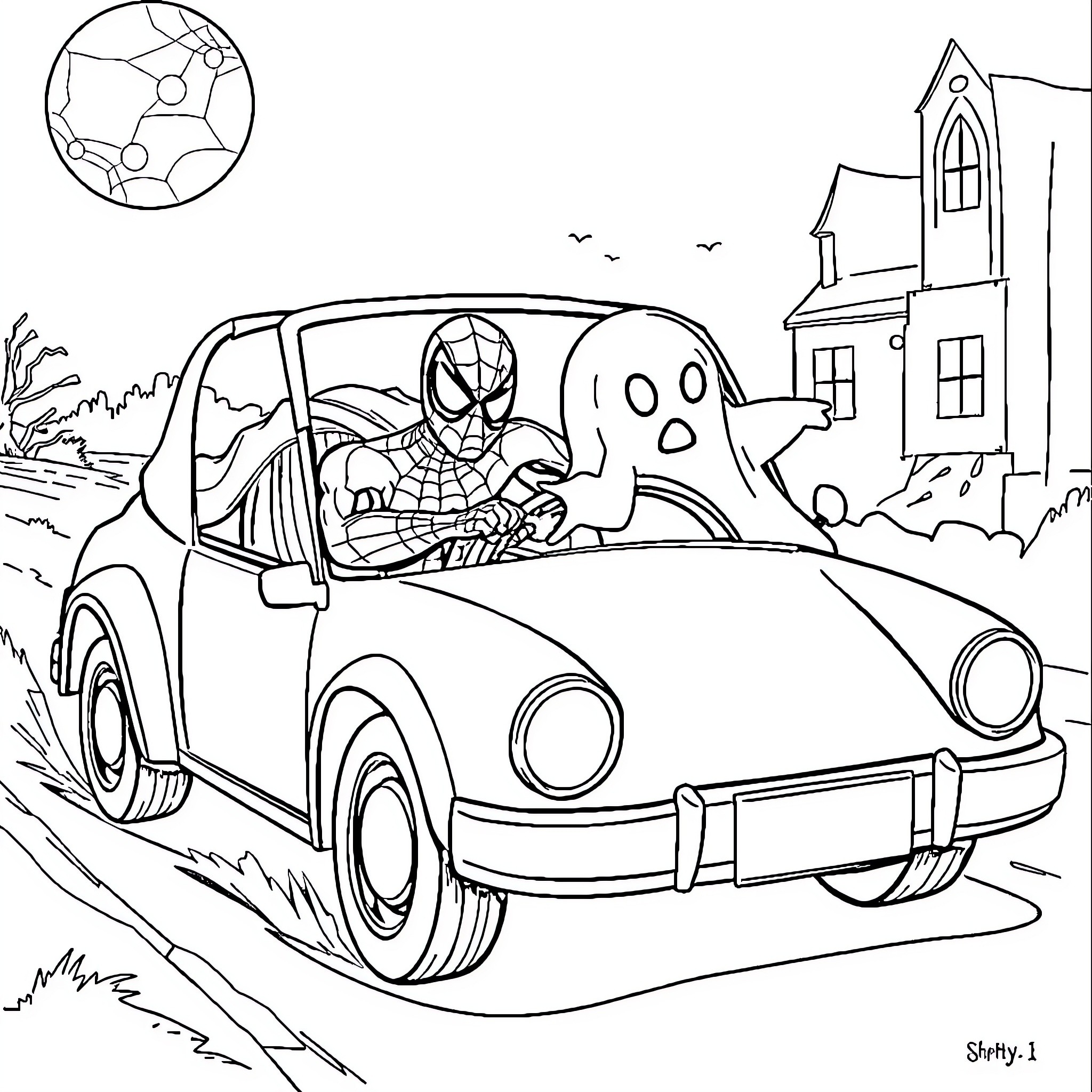 Spiderman driving a car past a haunted house Coloring Page (free black-and-white line drawing printable PDF for all, from beginners to advanced learners, including children, teens, adults, and seniors)
