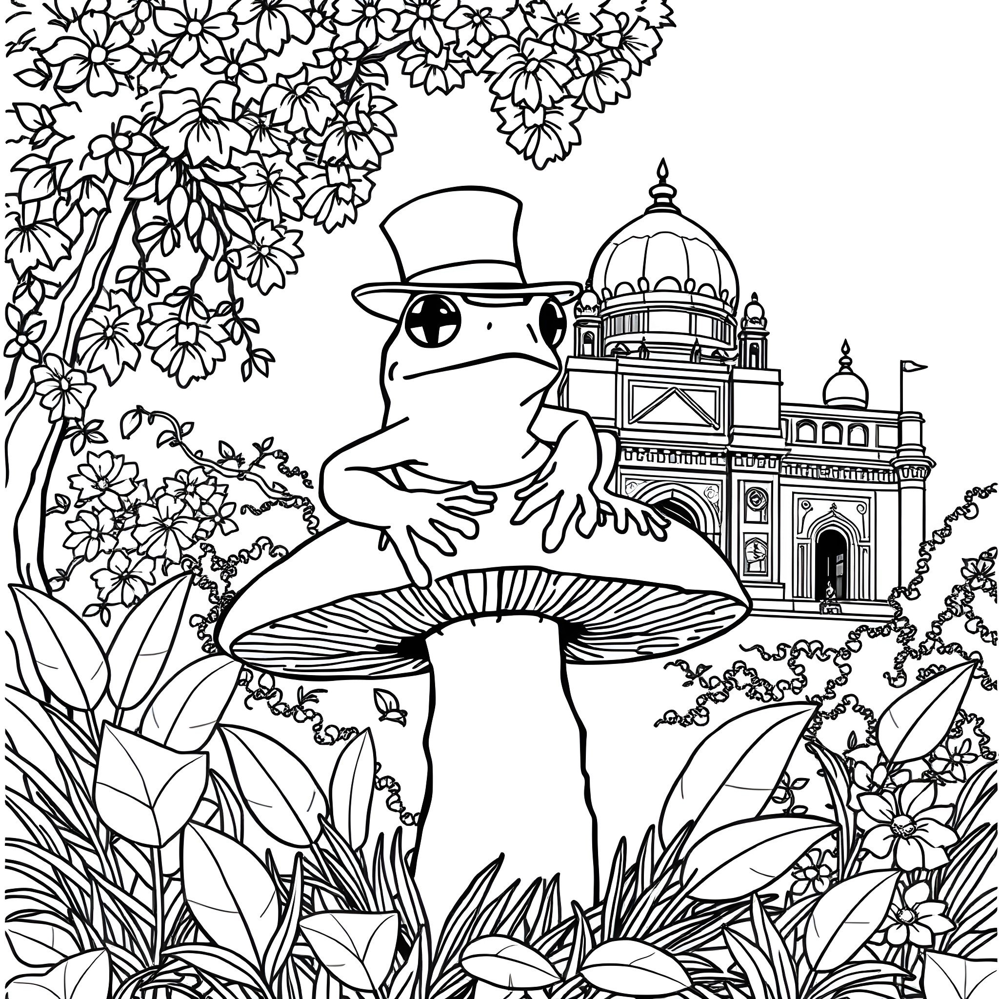 Frog in a top hat amid flowery landscape Coloring Page (free black-and-white line drawing printable PDF for all, from beginners to advanced learners, including children, teens, adults, and seniors)
