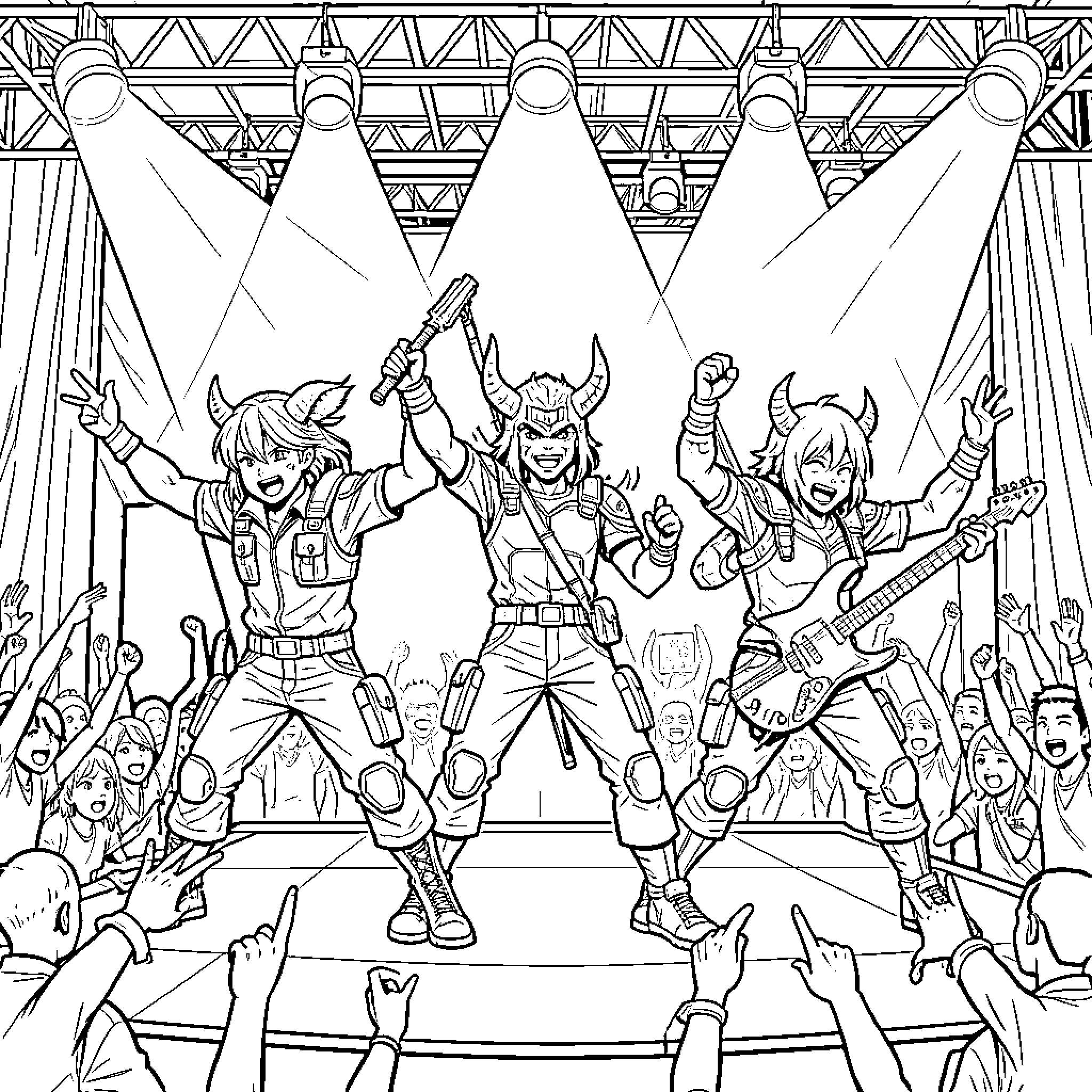 Demon Hunters Rocking the Stage with Crowd Cheering Coloring Page (free black-and-white line drawing printable PDF for all, from beginners to advanced learners, including children, teens, adults, and seniors)