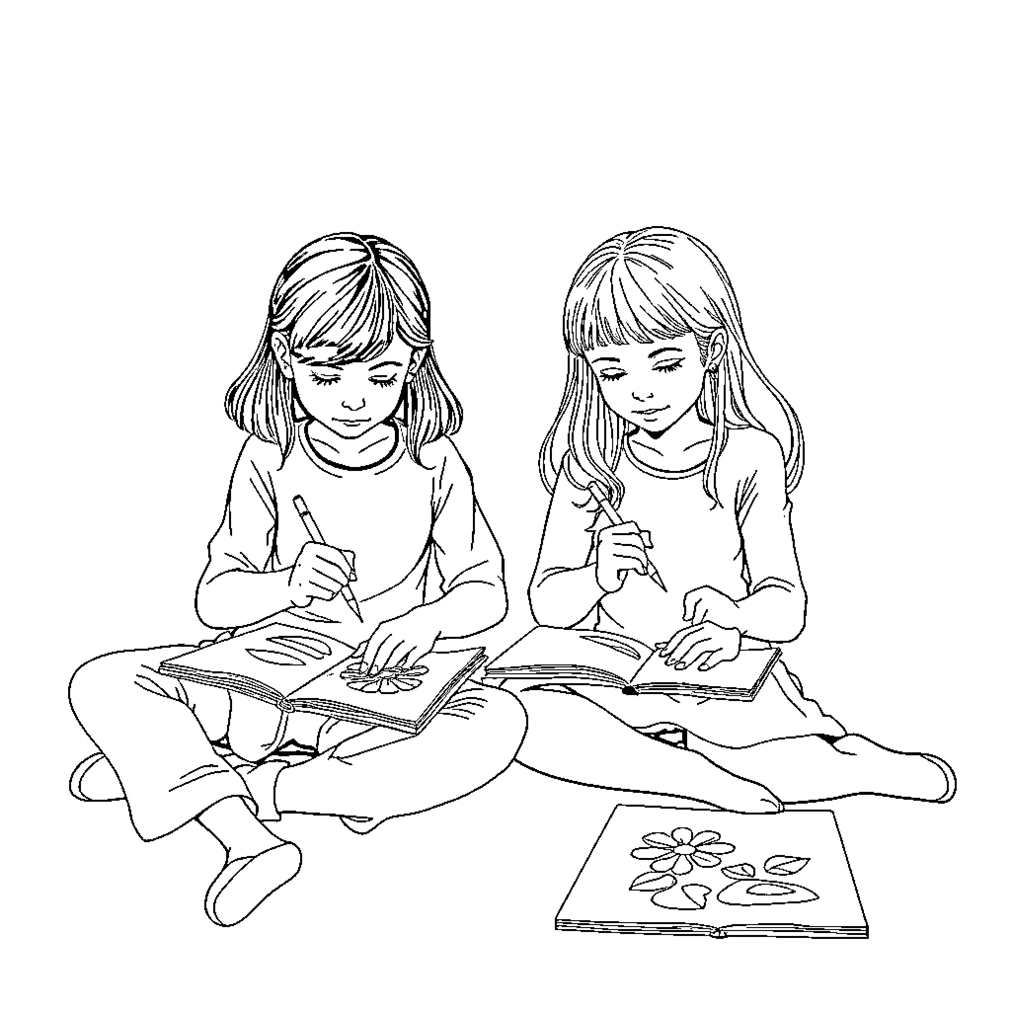 Girls Engaged in Artistic Activities Coloring Page (free black-and-white line drawing printable PDF for all, from beginners to advanced learners, including children, teens, adults, and seniors)