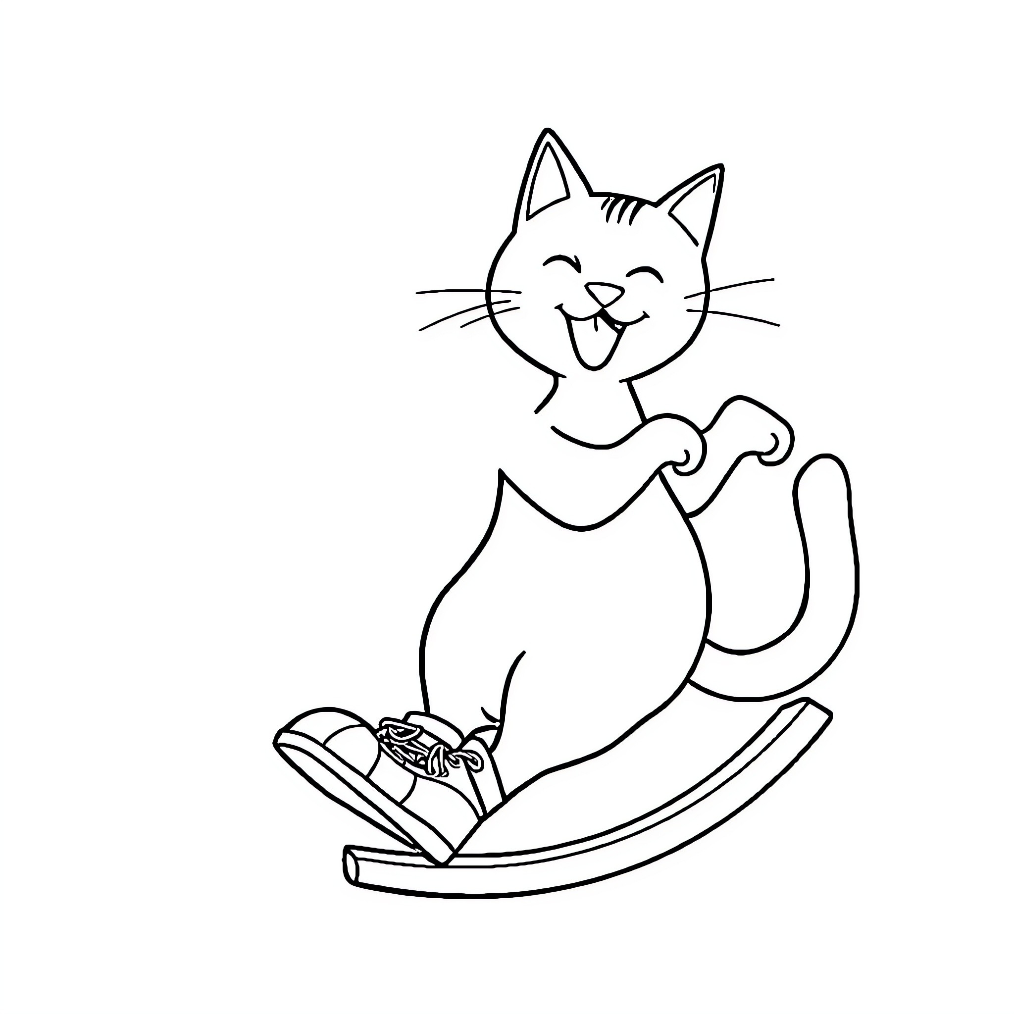 Pete the Cat rocking happily on a chair Coloring Page (free black-and-white line drawing printable PDF for all, from beginners to advanced learners, including children, teens, adults, and seniors)