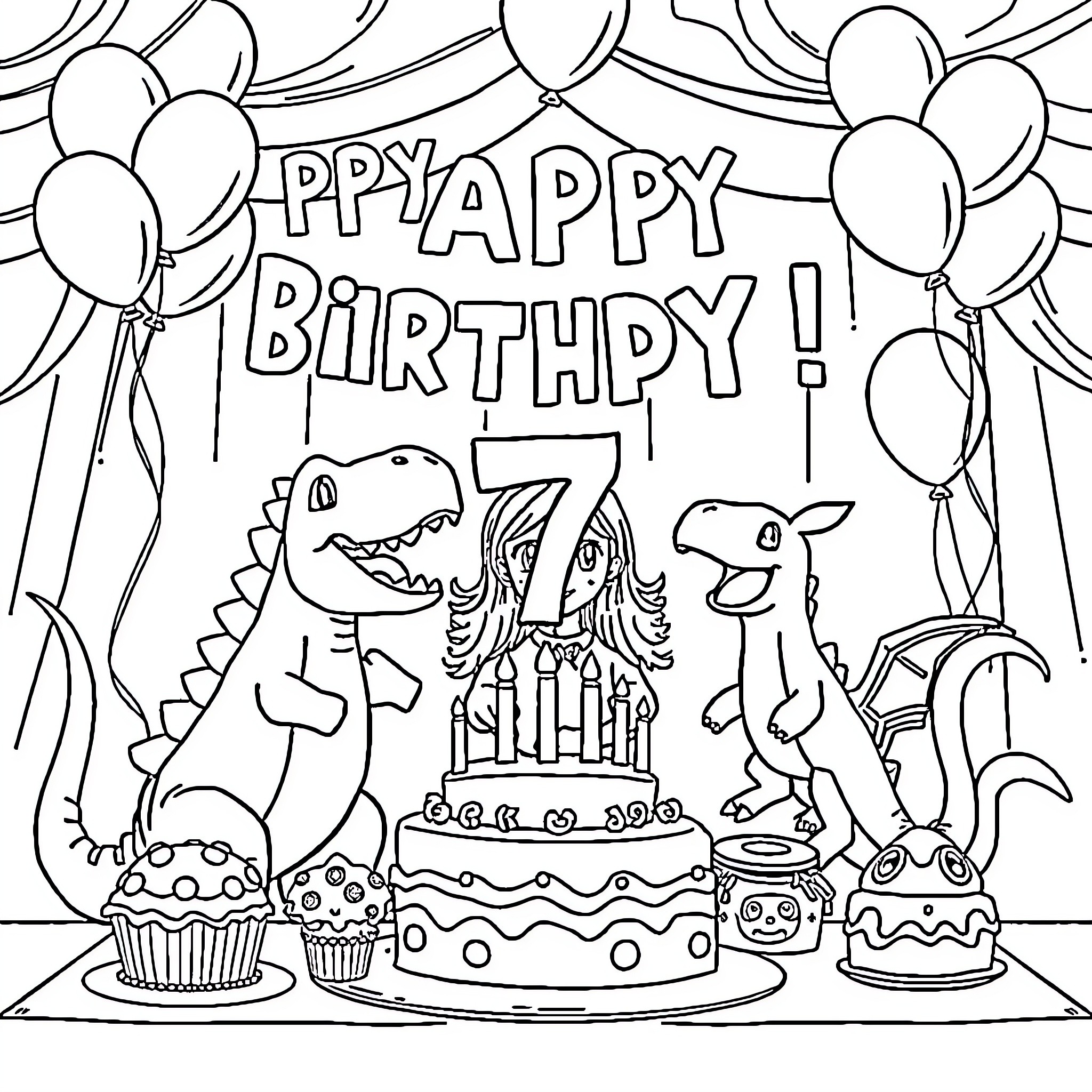 Dinosaur birthday party with balloons and cake Coloring Page (free black-and-white line drawing printable PDF for all, from beginners to advanced learners, including children, teens, adults, and seniors)