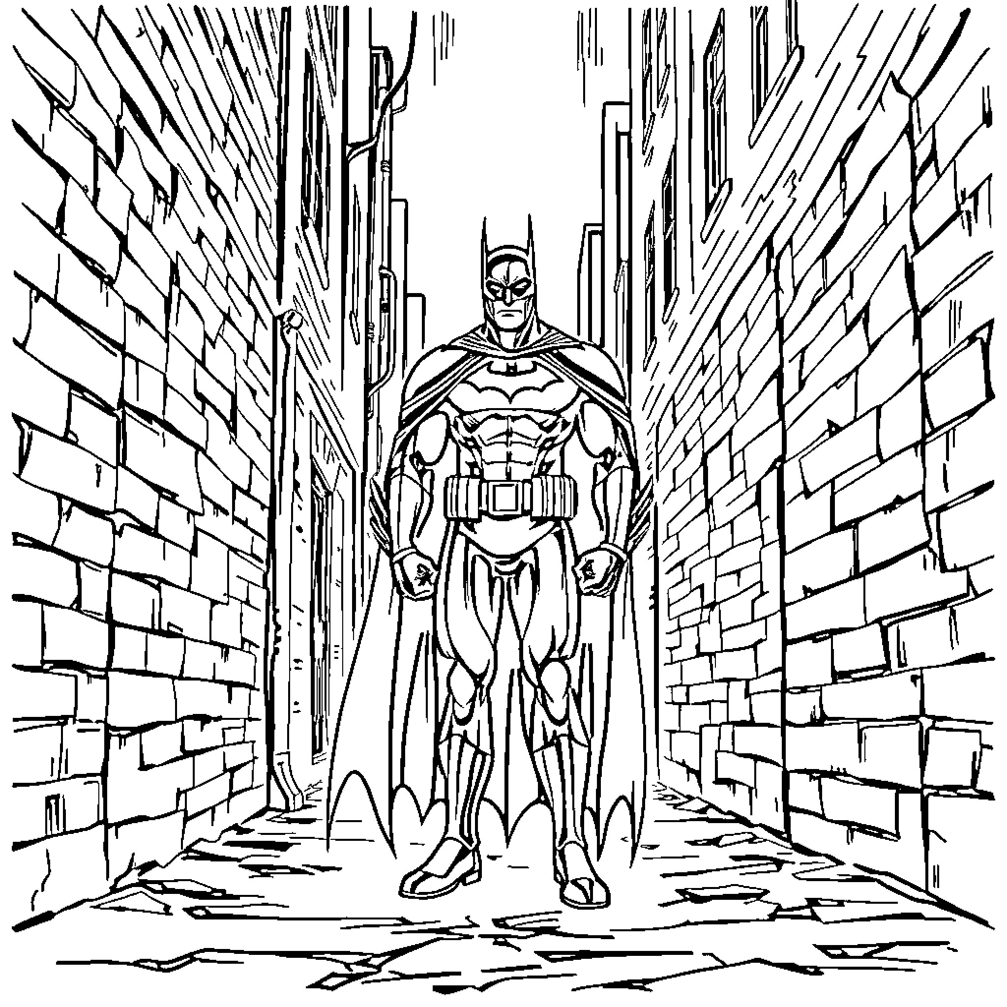 Batman standing tall in a dark alley Coloring Page (free black-and-white line drawing printable PDF for all, from beginners to advanced learners, including children, teens, adults, and seniors)