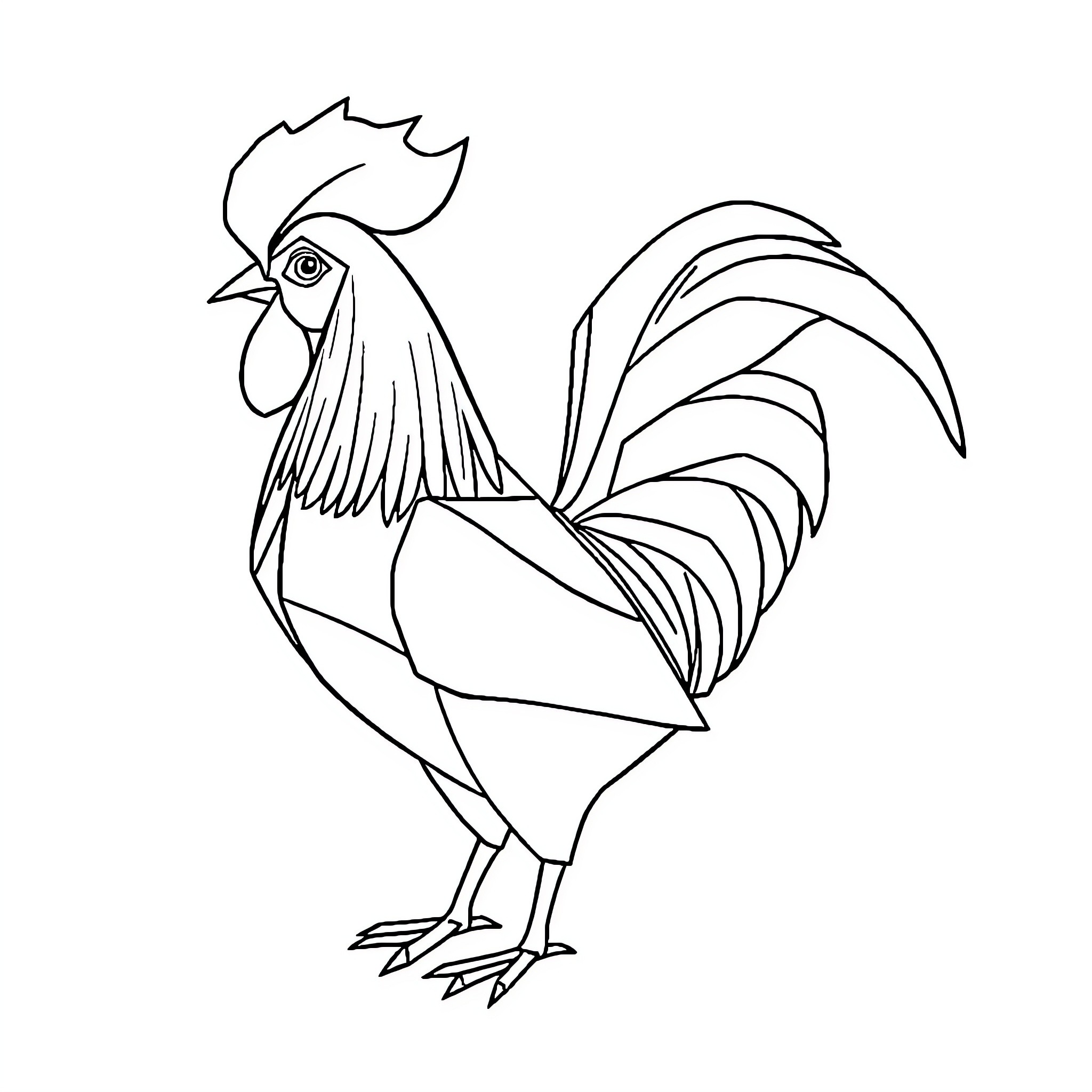 Origami Rooster in Distinctive Pose Coloring Page (free black-and-white line drawing printable PDF for all, from beginners to advanced learners, including children, teens, adults, and seniors)