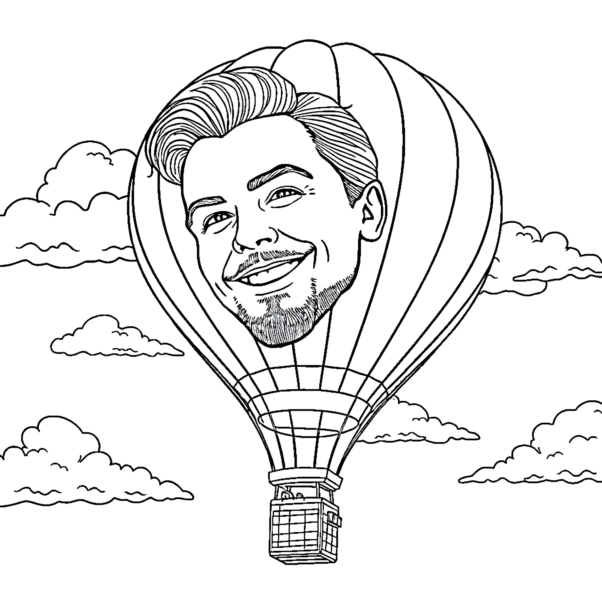 Leonardo DiCaprio soaring in a hot air balloon Coloring Page (free black-and-white line drawing printable PDF for all, from beginners to advanced learners, including children, teens, adults, and seniors)