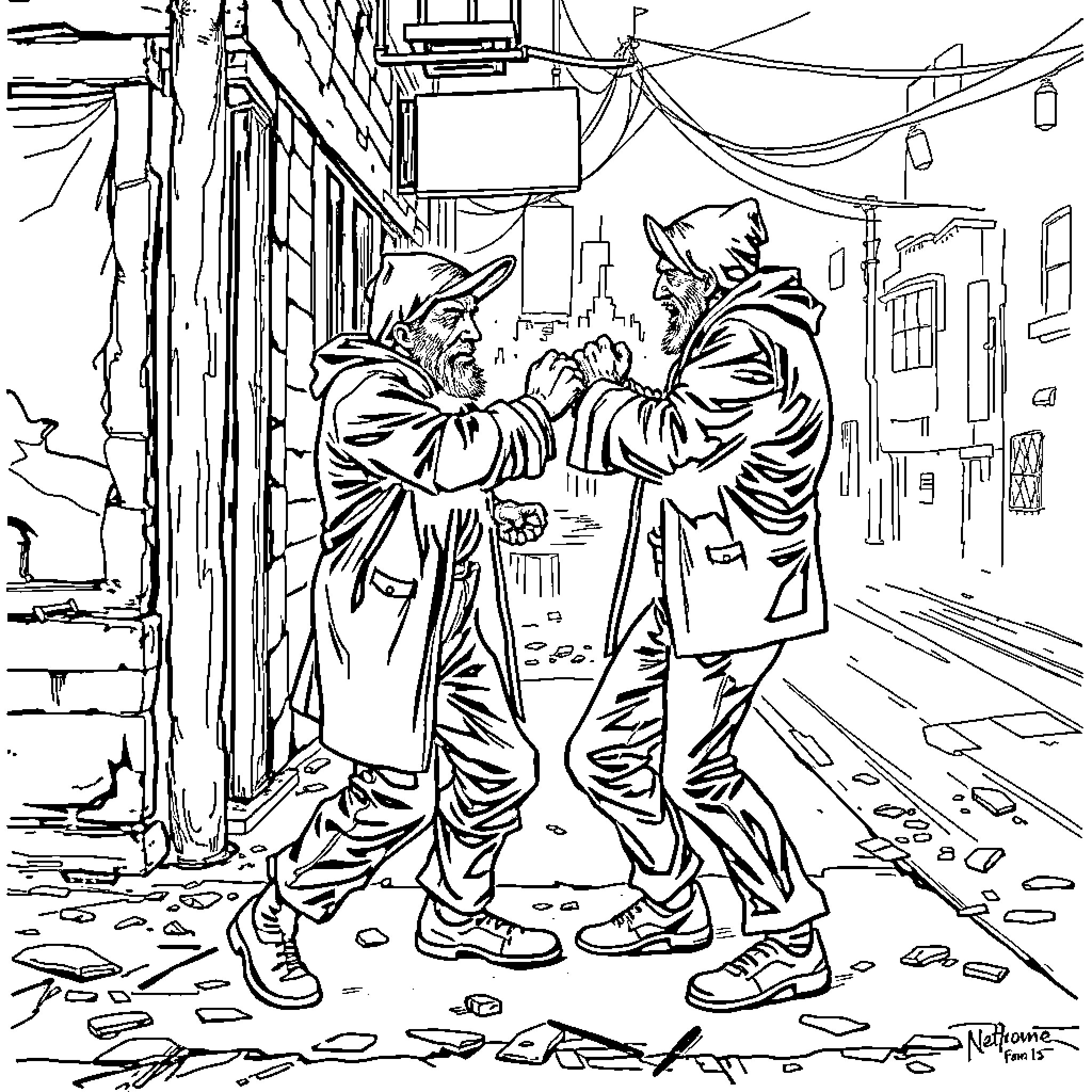 Hobo men engaging in confrontation on the street Coloring Page (free black-and-white line drawing printable PDF for all, from beginners to advanced learners, including children, teens, adults, and seniors)