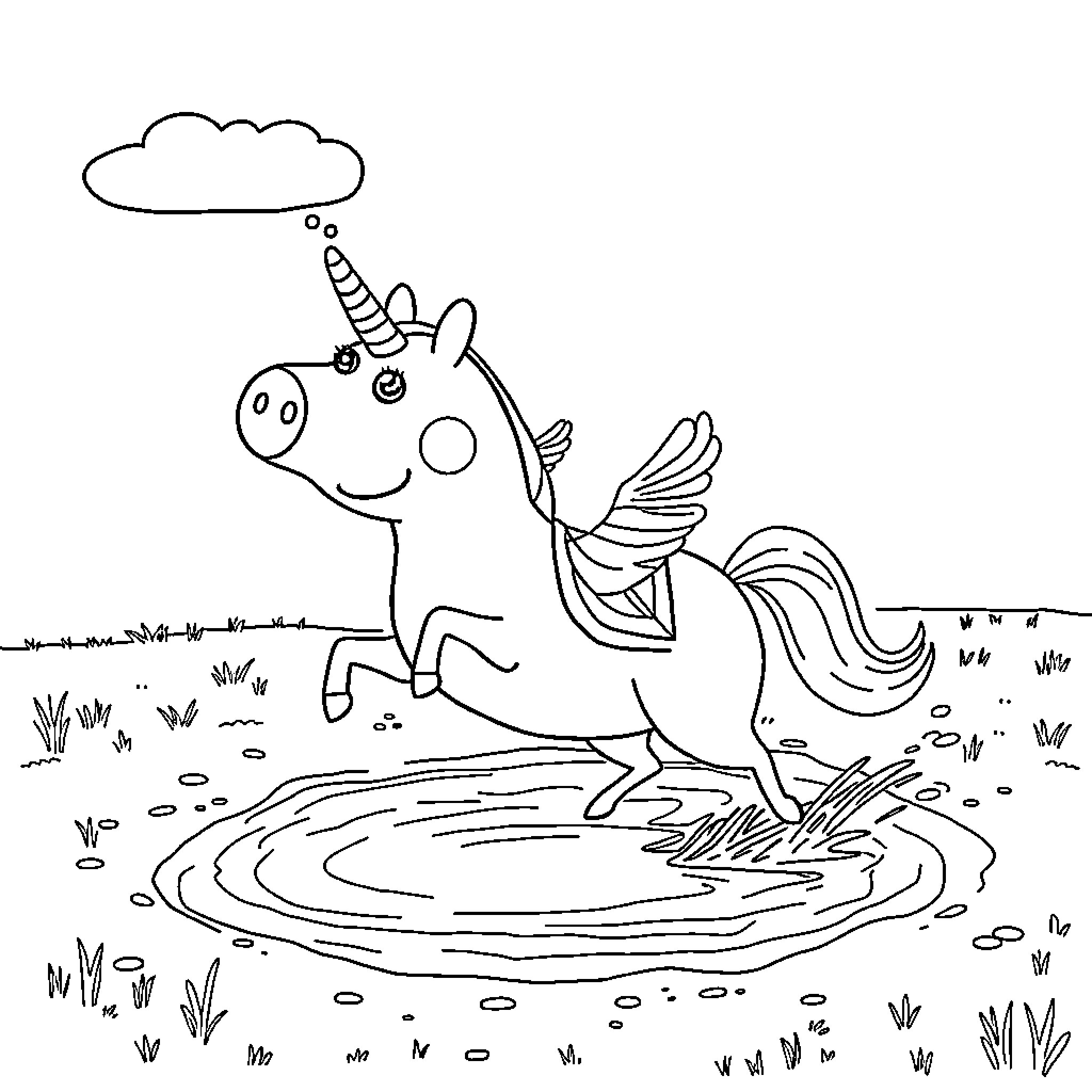 Peppa Pig unicorn having fun in the meadow Coloring Page (free black-and-white line drawing printable PDF for all, from beginners to advanced learners, including children, teens, adults, and seniors)