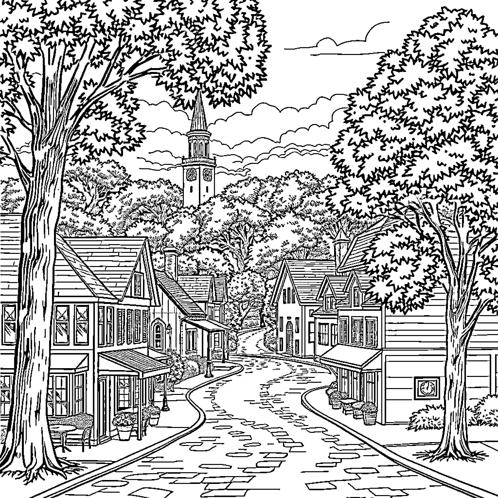 Chapel on a quaint village street Coloring Page (free black-and-white line drawing printable PDF for all, from beginners to advanced learners, including children, teens, adults, and seniors)