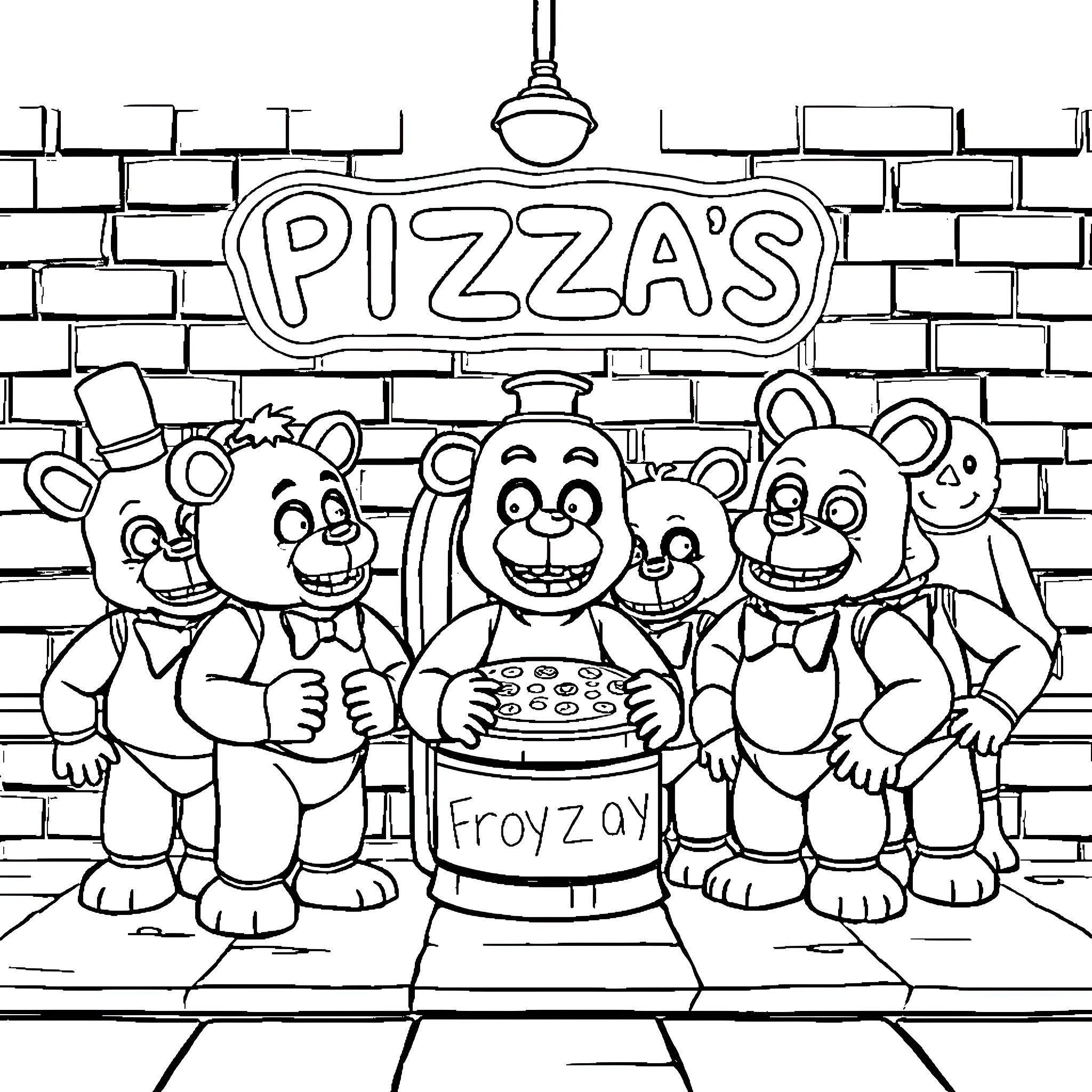 Freddy and friends running a pizza shop Coloring Page (free black-and-white line drawing printable PDF for all, from beginners to advanced learners, including children, teens, adults, and seniors)