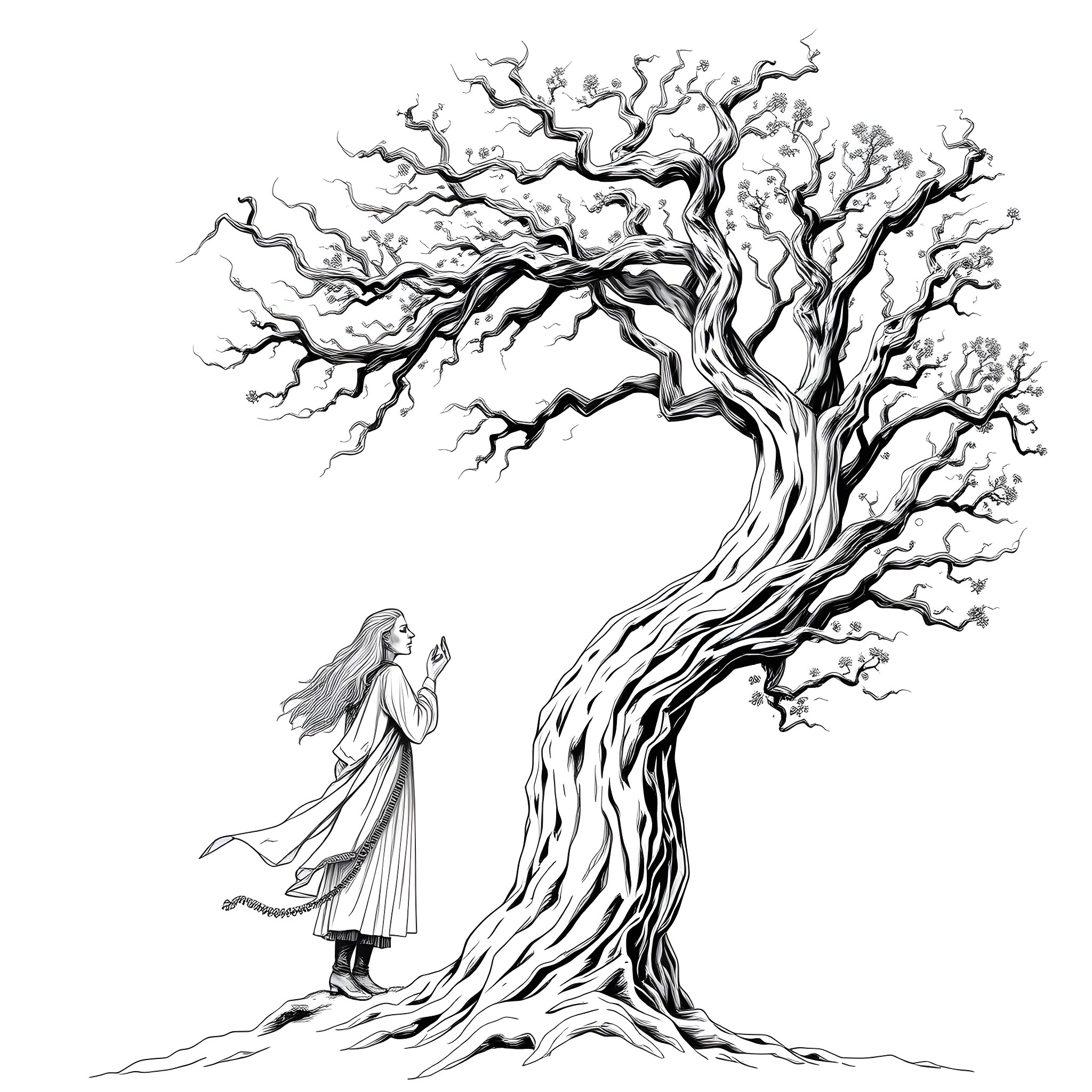 Great Spirit Communing with the Twisted Tree Coloring Page (free black-and-white line drawing printable PDF for all, from beginners to advanced learners, including children, teens, adults, and seniors)