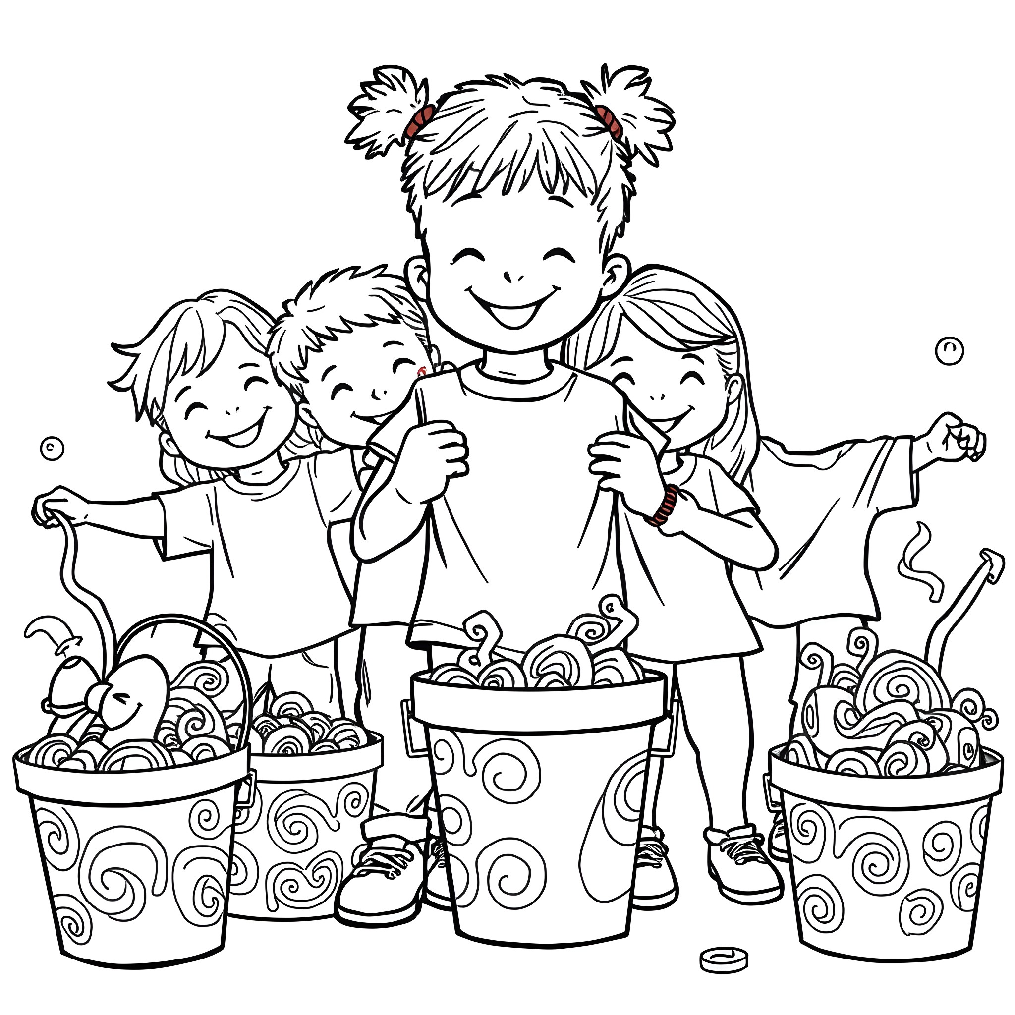 Kid happily playing with friends in the park Coloring Page (free black-and-white line drawing printable PDF for all, from beginners to advanced learners, including children, teens, adults, and seniors)
