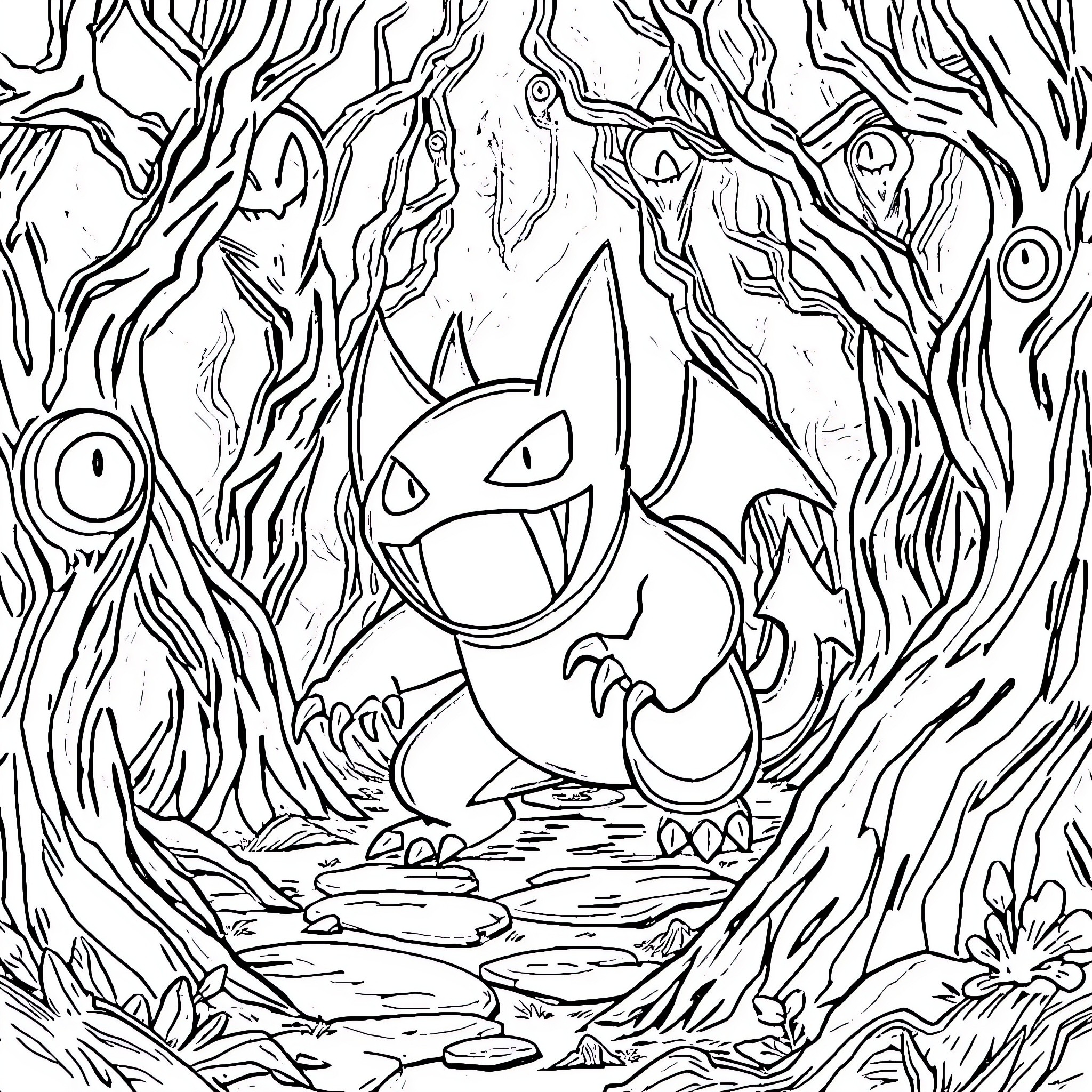 Gengar lurking in the spooky forest Coloring Page (free black-and-white line drawing printable PDF for all, from beginners to advanced learners, including children, teens, adults, and seniors)