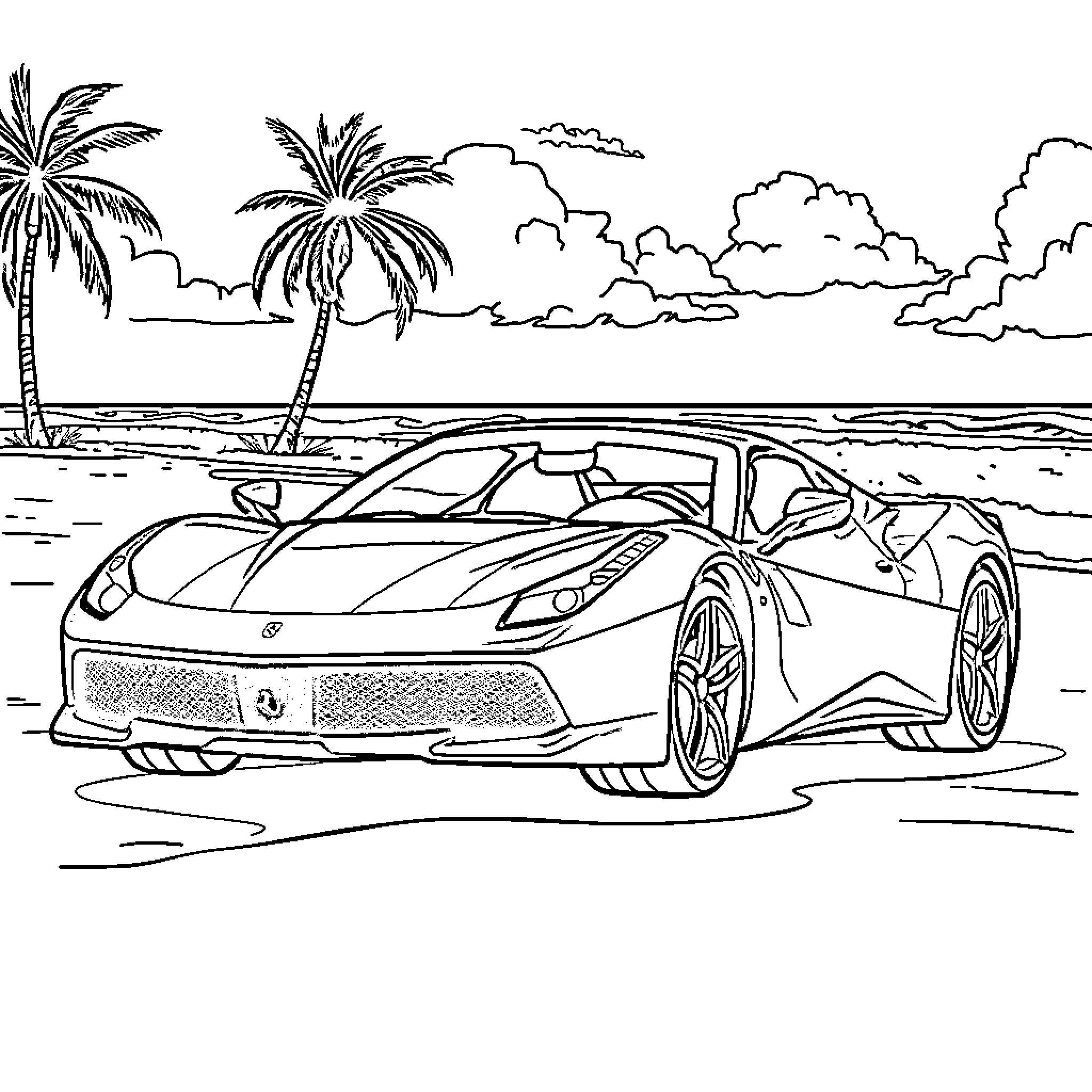Ferrari sports car on a tropical beach Coloring Page (free black-and-white line drawing printable PDF for all, from beginners to advanced learners, including children, teens, adults, and seniors)