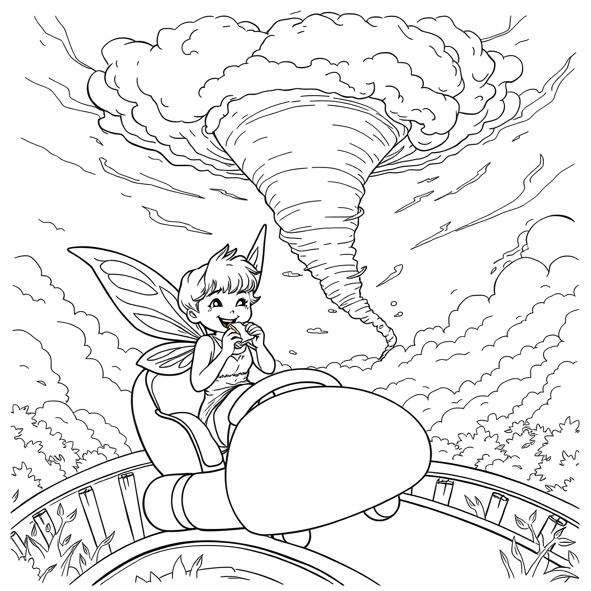 Fairy riding a tornado in a storm Coloring Page (free black-and-white line drawing printable PDF for all, from beginners to advanced learners, including children, teens, adults, and seniors)