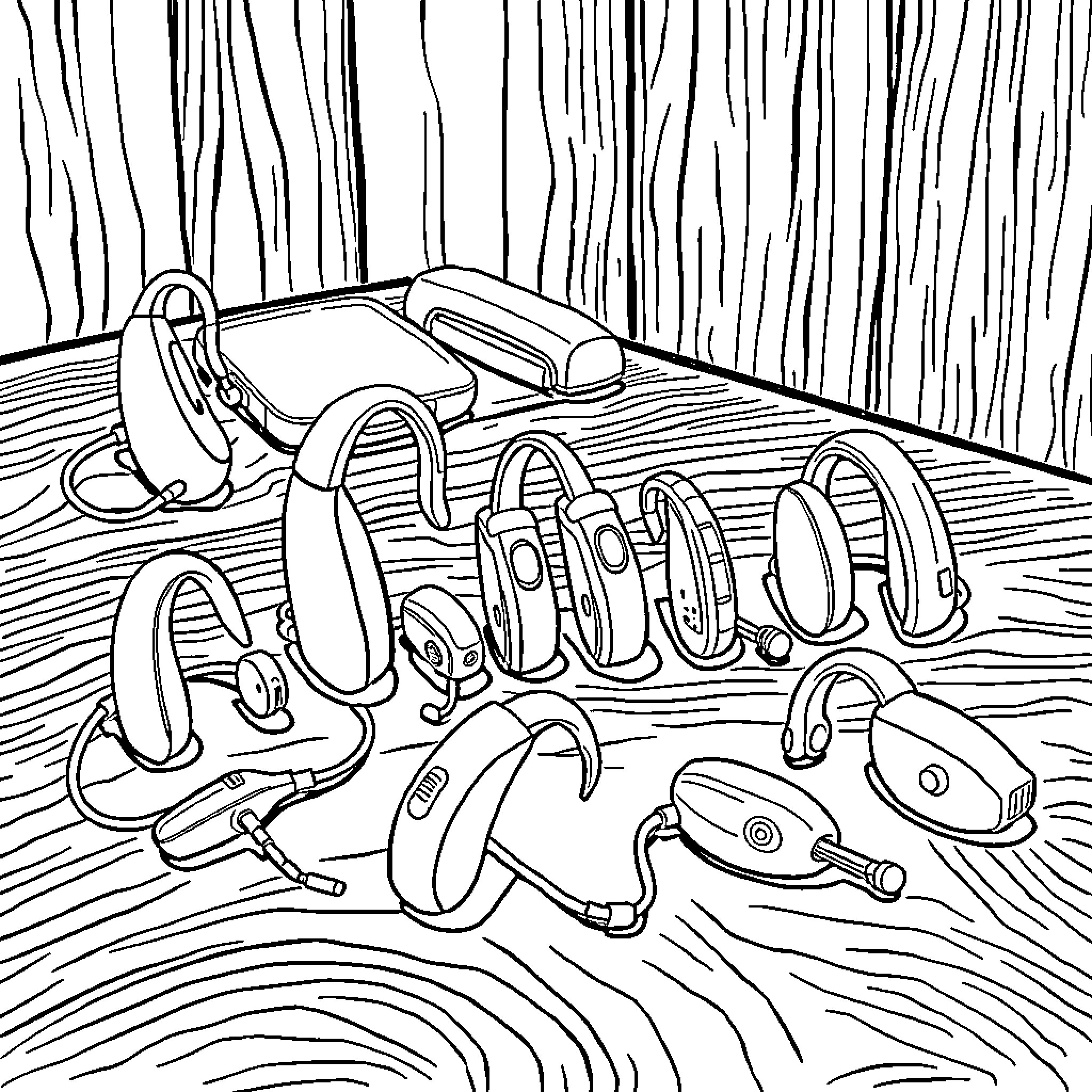 Hearing Aid Accessories on Wooden Surface Coloring Page (free black-and-white line drawing printable PDF for all, from beginners to advanced learners, including children, teens, adults, and seniors)