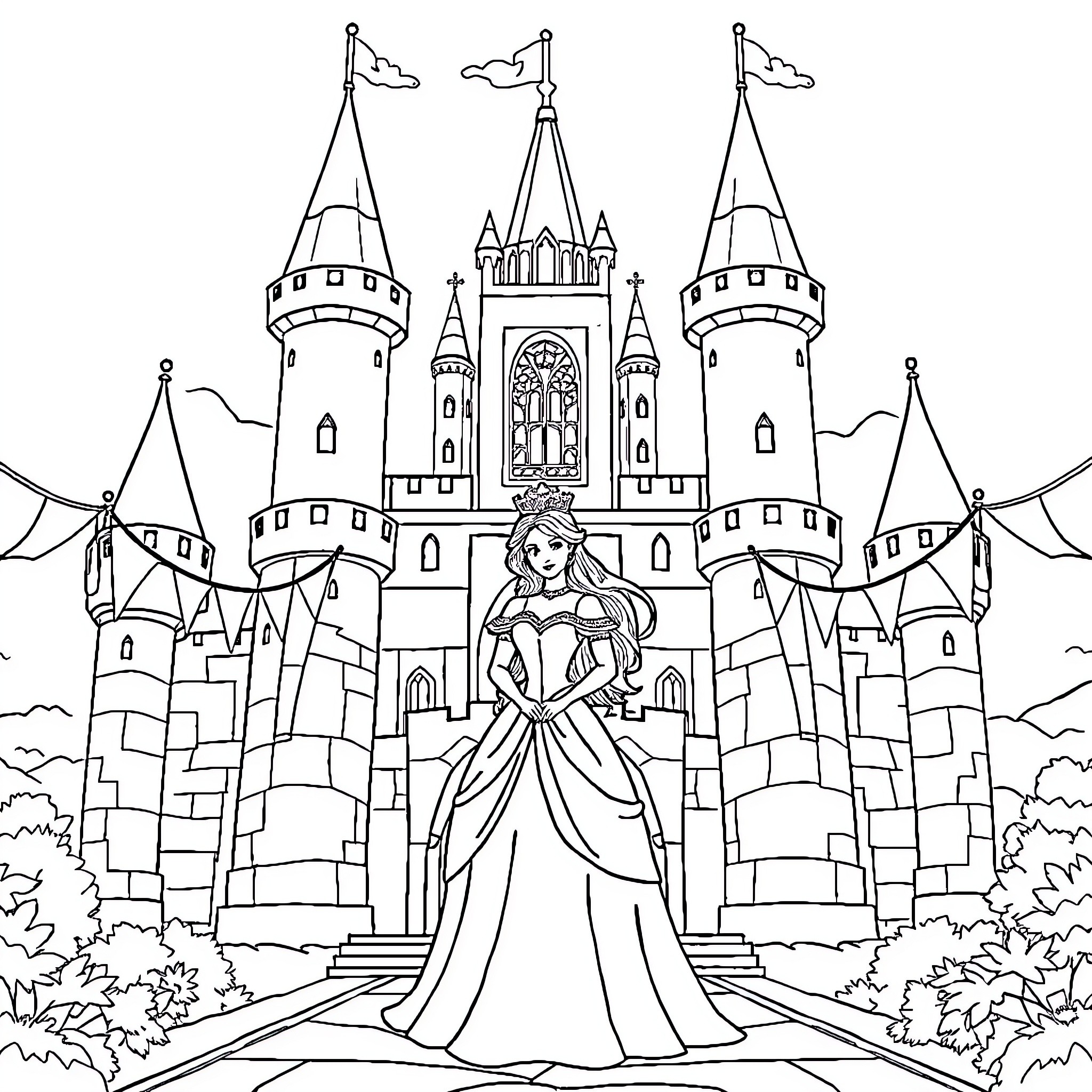 Princess at the Enchanted Castle Coloring Page (free black-and-white line drawing printable PDF for all, from beginners to advanced learners, including children, teens, adults, and seniors)