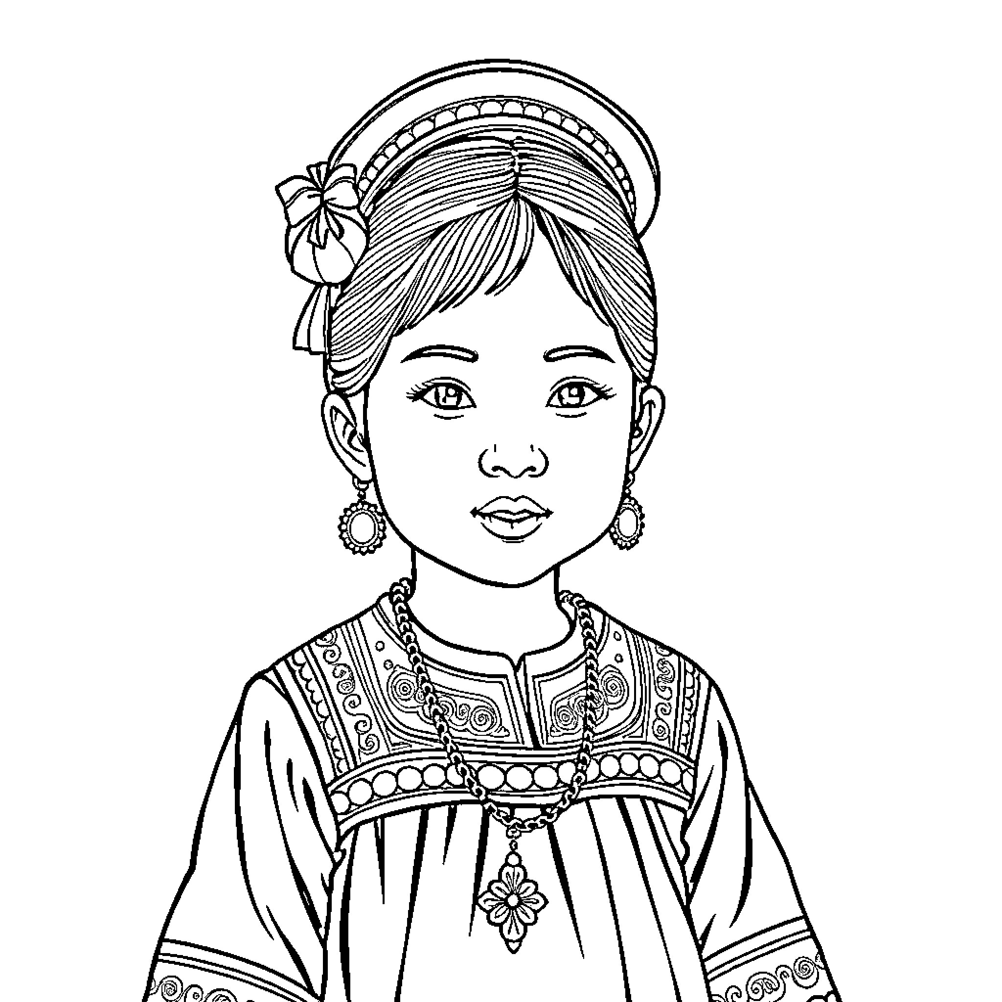 Hmong Girl in Traditional Dress and Headpiece Coloring Page (free black-and-white line drawing printable PDF for all, from beginners to advanced learners, including children, teens, adults, and seniors)