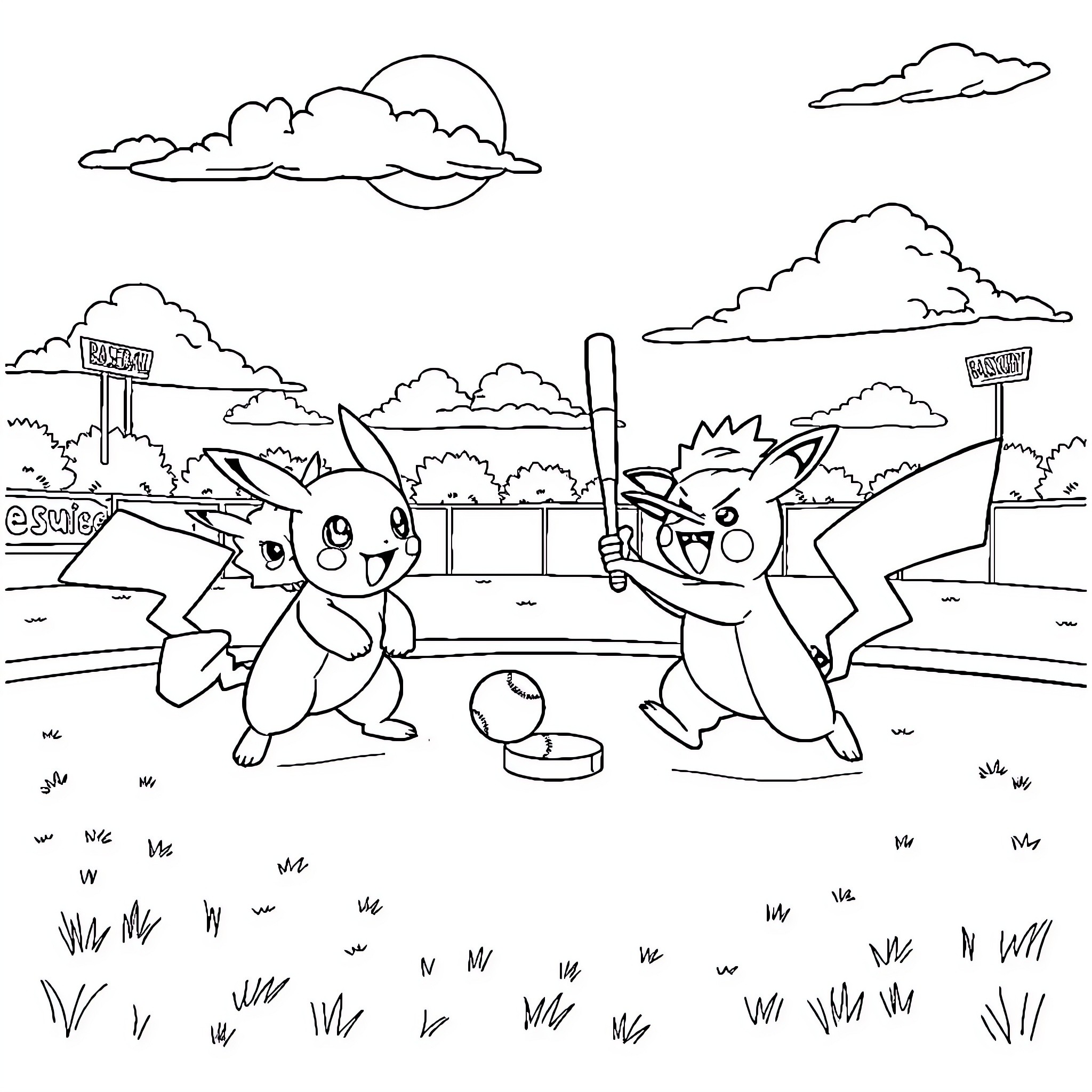 Pokémon Duo Playing in a Vibrant Outdoor Arena Coloring Page (free black-and-white line drawing printable PDF for all, from beginners to advanced learners, including children, teens, adults, and seniors)