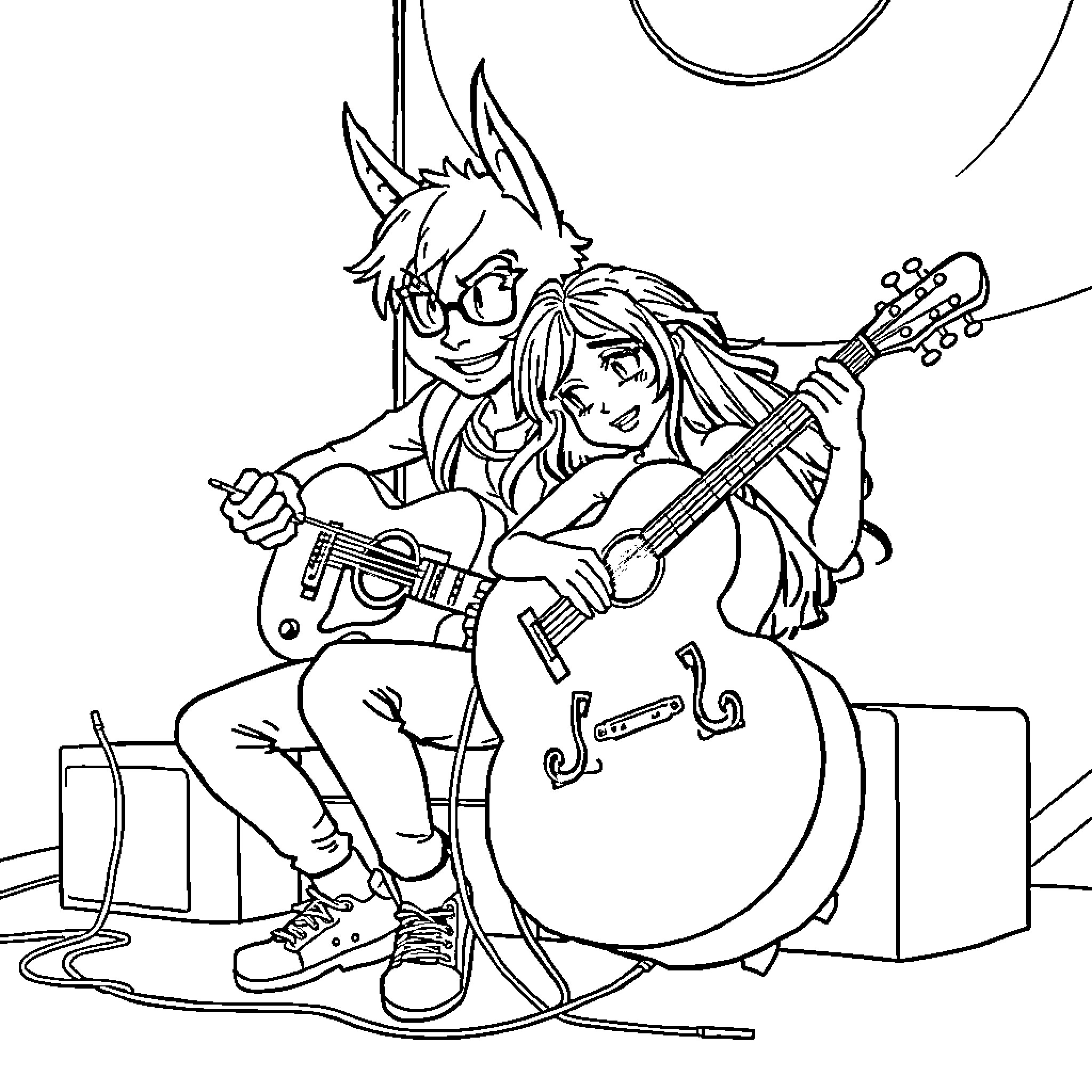Huntrix Duo Performing Music Together Coloring Page (free black-and-white line drawing printable PDF for all, from beginners to advanced learners, including children, teens, adults, and seniors)