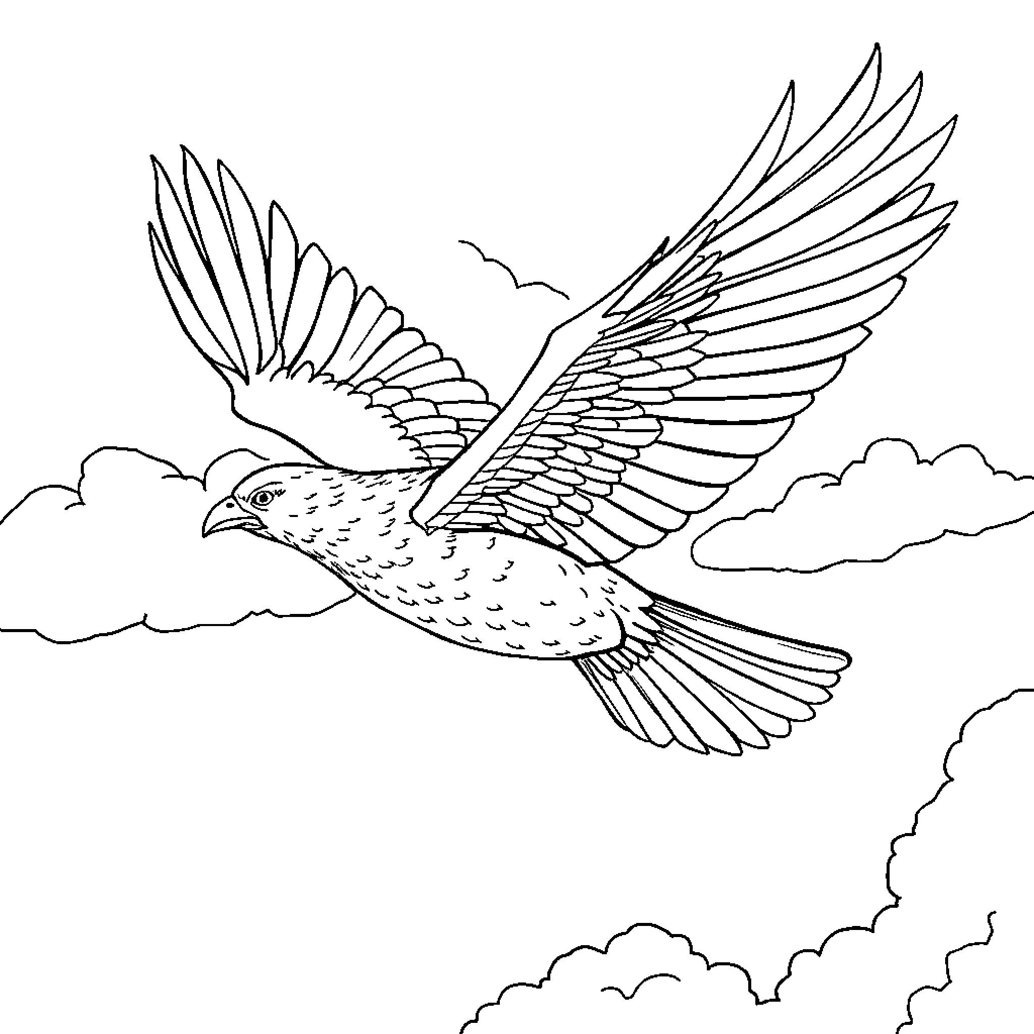Golden Huntrix soars through the clouds Coloring Page (free black-and-white line drawing printable PDF for all, from beginners to advanced learners, including children, teens, adults, and seniors)