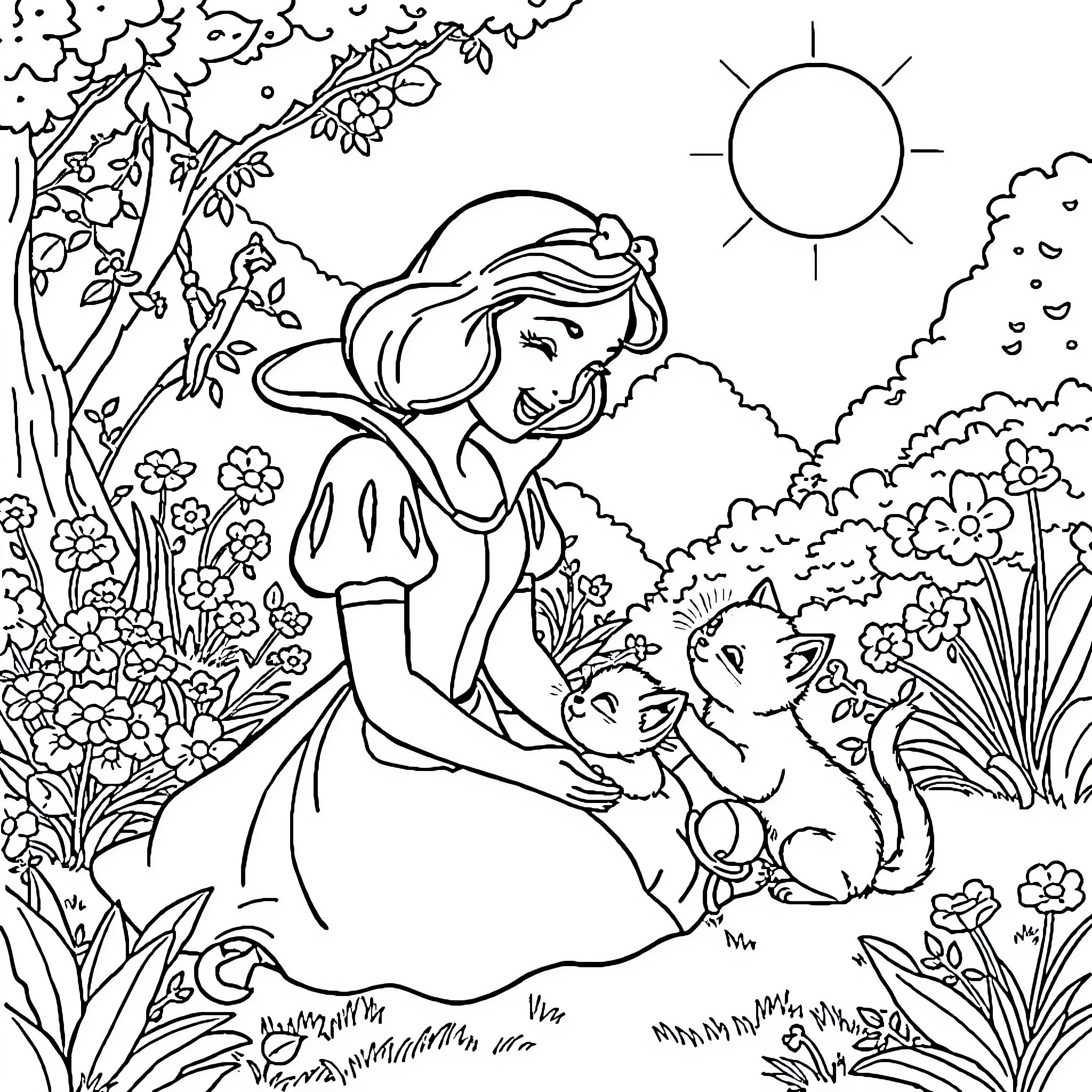 Snow White bonding with adorable woodland creatures Coloring Page (free black-and-white line drawing printable PDF for all, from beginners to advanced learners, including children, teens, adults, and seniors)