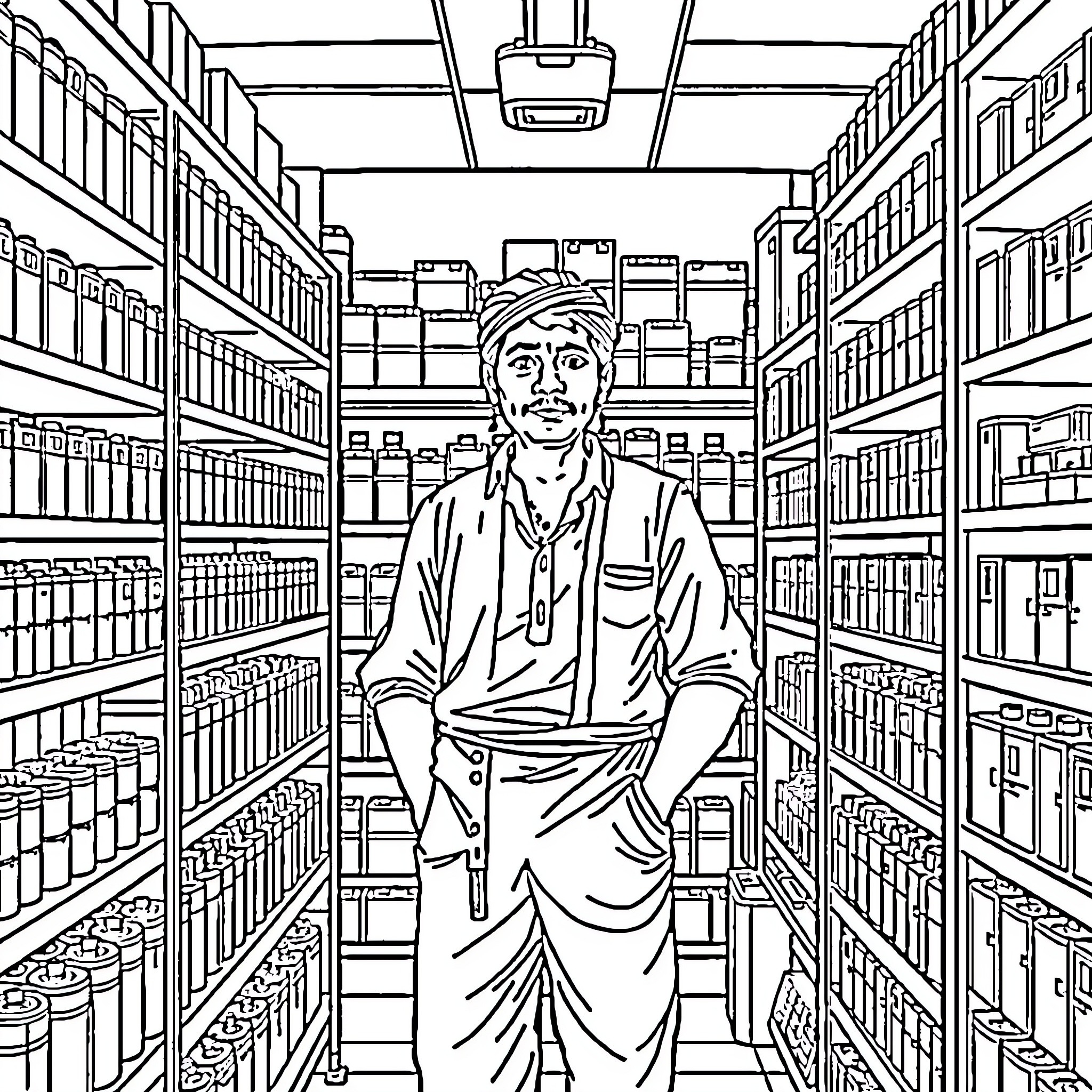Man standing in a crowded library Coloring Page (free black-and-white line drawing printable PDF for all, from beginners to advanced learners, including children, teens, adults, and seniors)