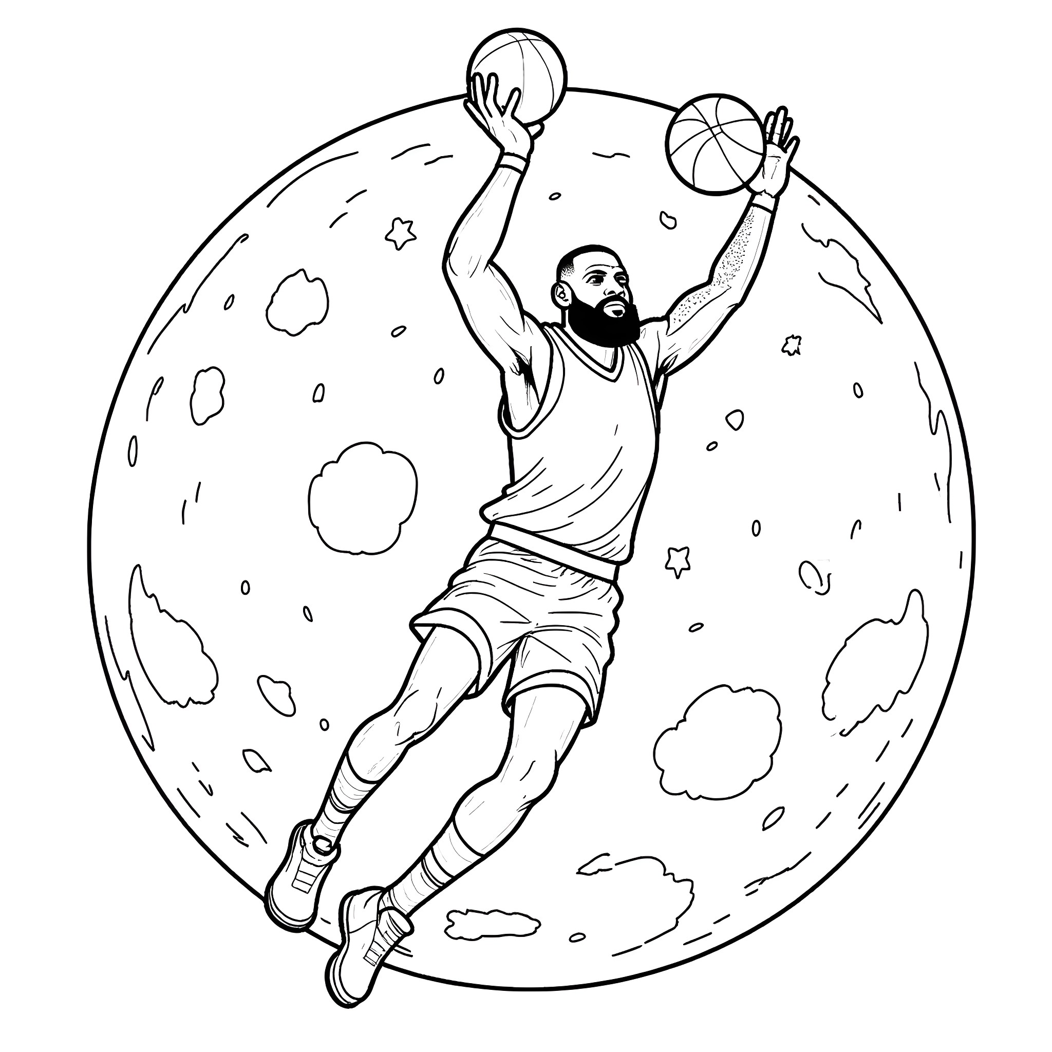 LeBron James dunking a basketball on the moon Coloring Page (free black-and-white line drawing printable PDF for all, from beginners to advanced learners, including children, teens, adults, and seniors)