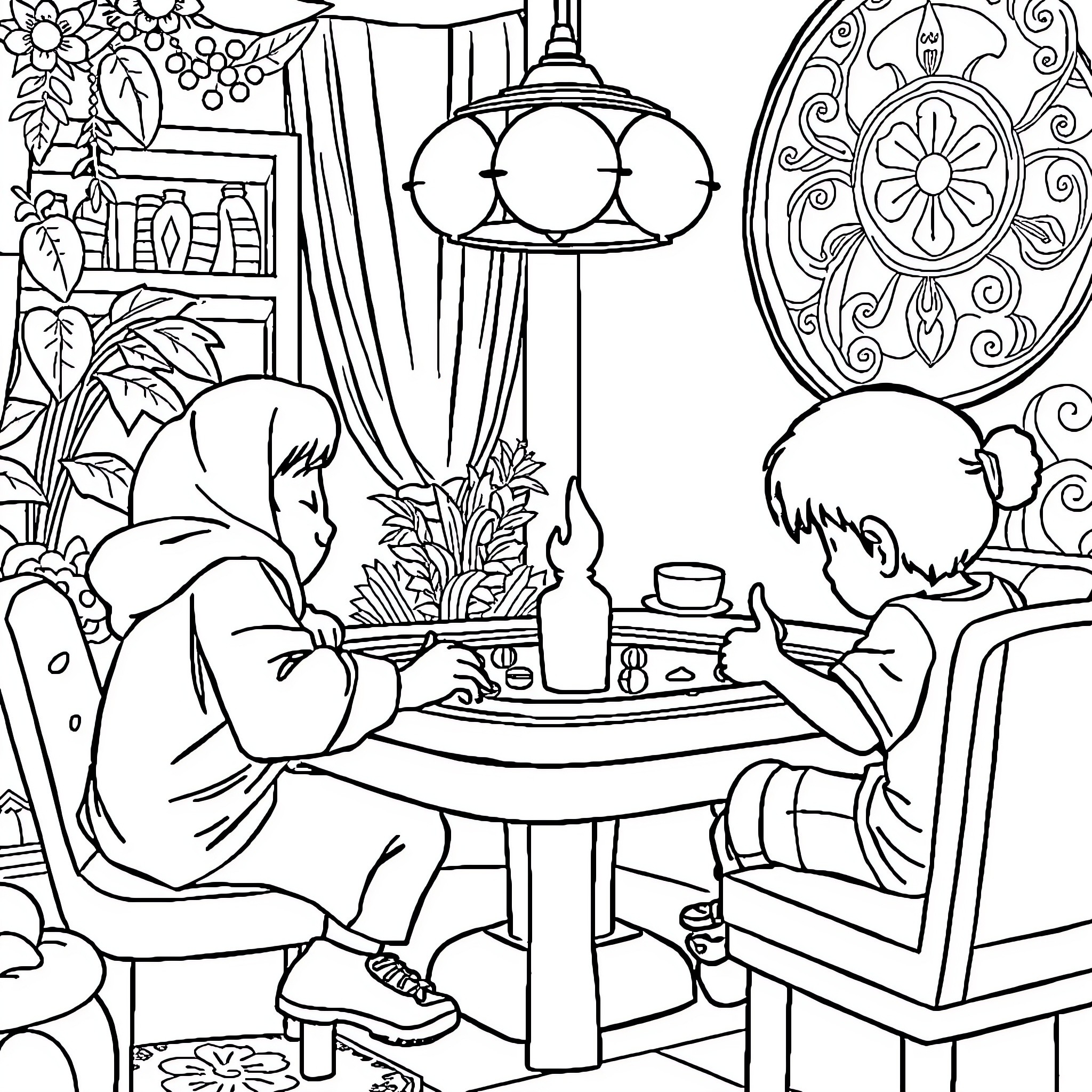 Pumuda Peaceful Conversation in a Cozy Setting Coloring Page (free black-and-white line drawing printable PDF for all, from beginners to advanced learners, including children, teens, adults, and seniors)