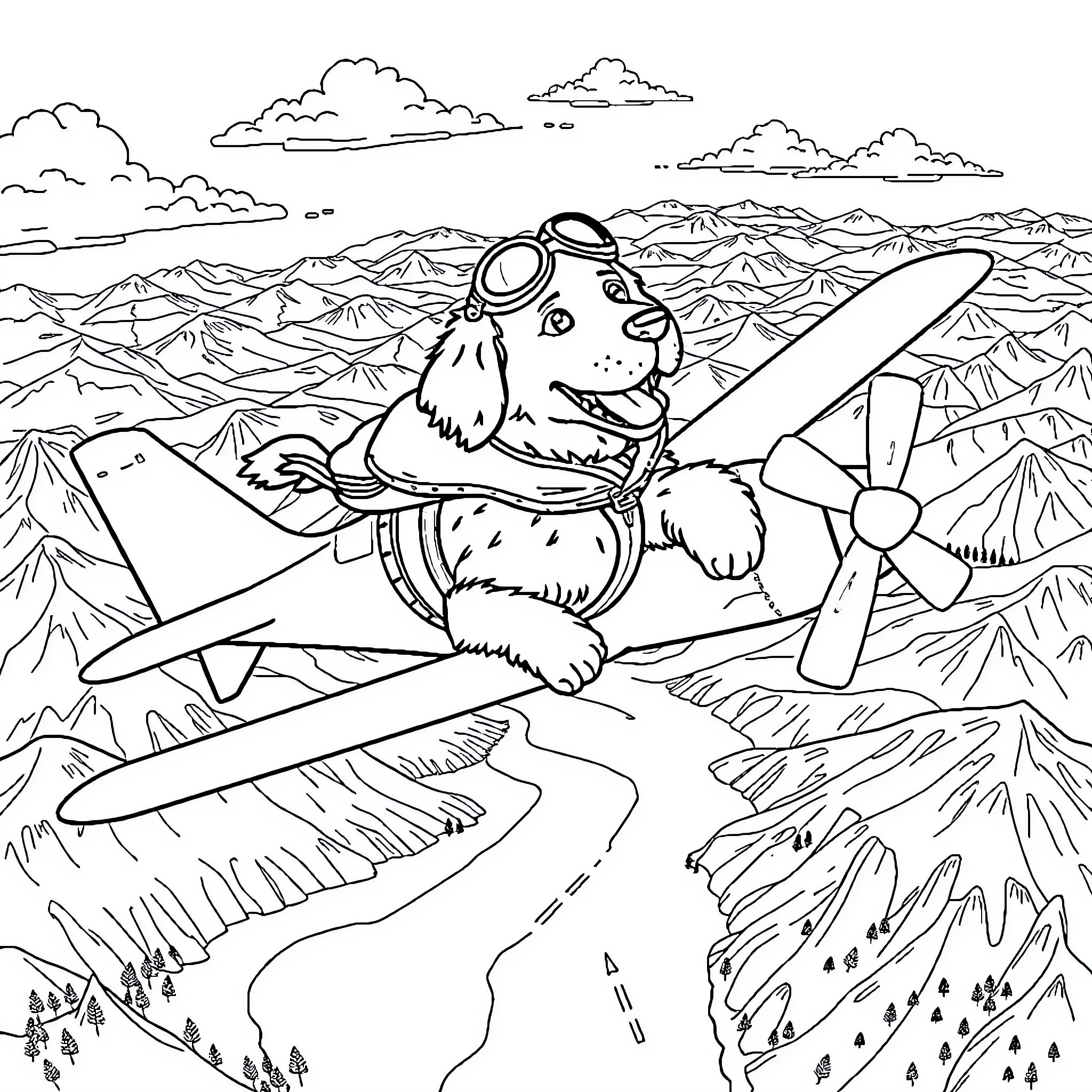 Golden Retriever Piloting a Plane Over Mountains Coloring Page (free black-and-white line drawing printable PDF for all, from beginners to advanced learners, including children, teens, adults, and seniors)