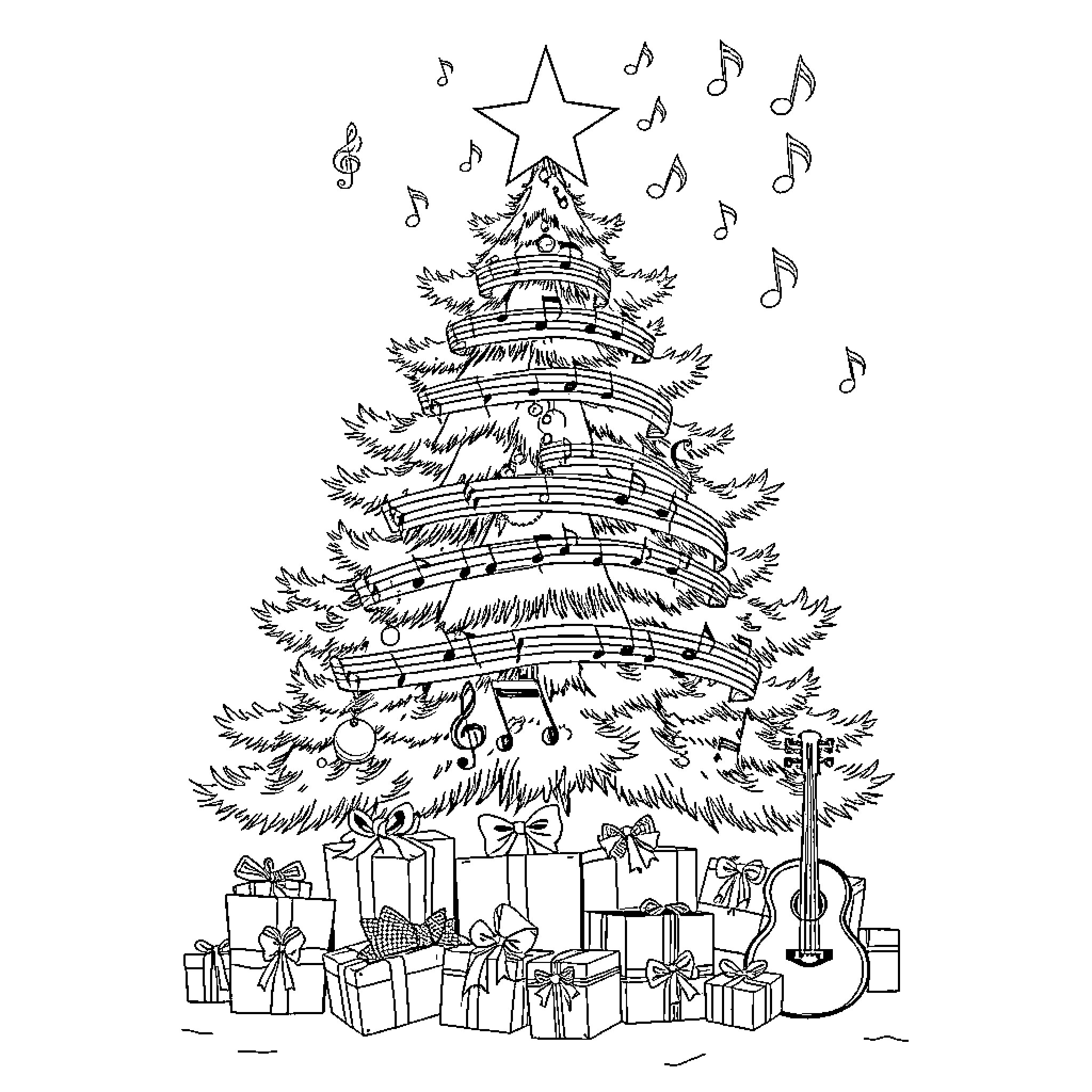 Christmas Tree with Musical Notes and Gifts Coloring Page (free black-and-white line drawing printable PDF for all, from beginners to advanced learners, including children, teens, adults, and seniors)