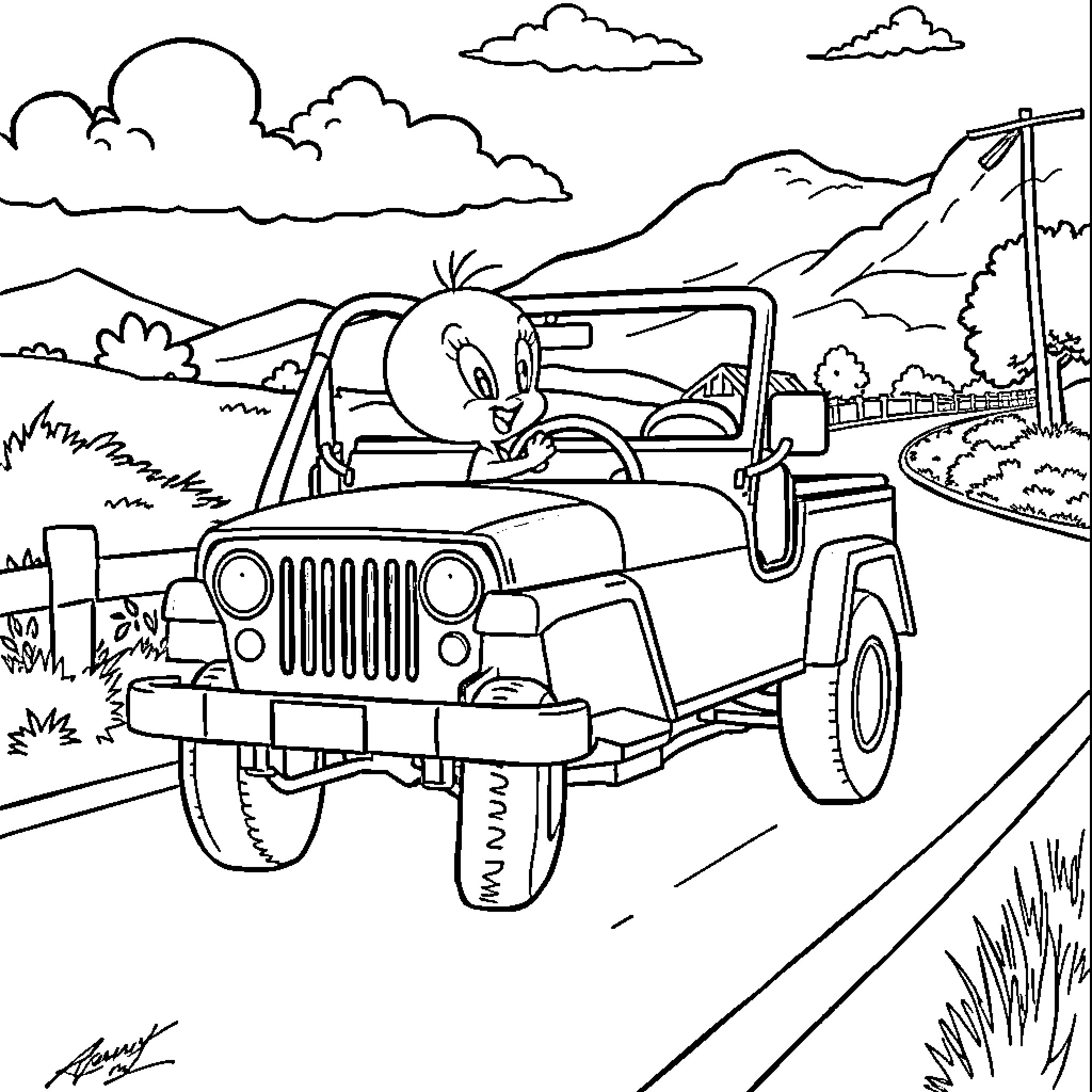 Tweety driving a jeep through the countryside Coloring Page (free black-and-white line drawing printable PDF for all, from beginners to advanced learners, including children, teens, adults, and seniors)
