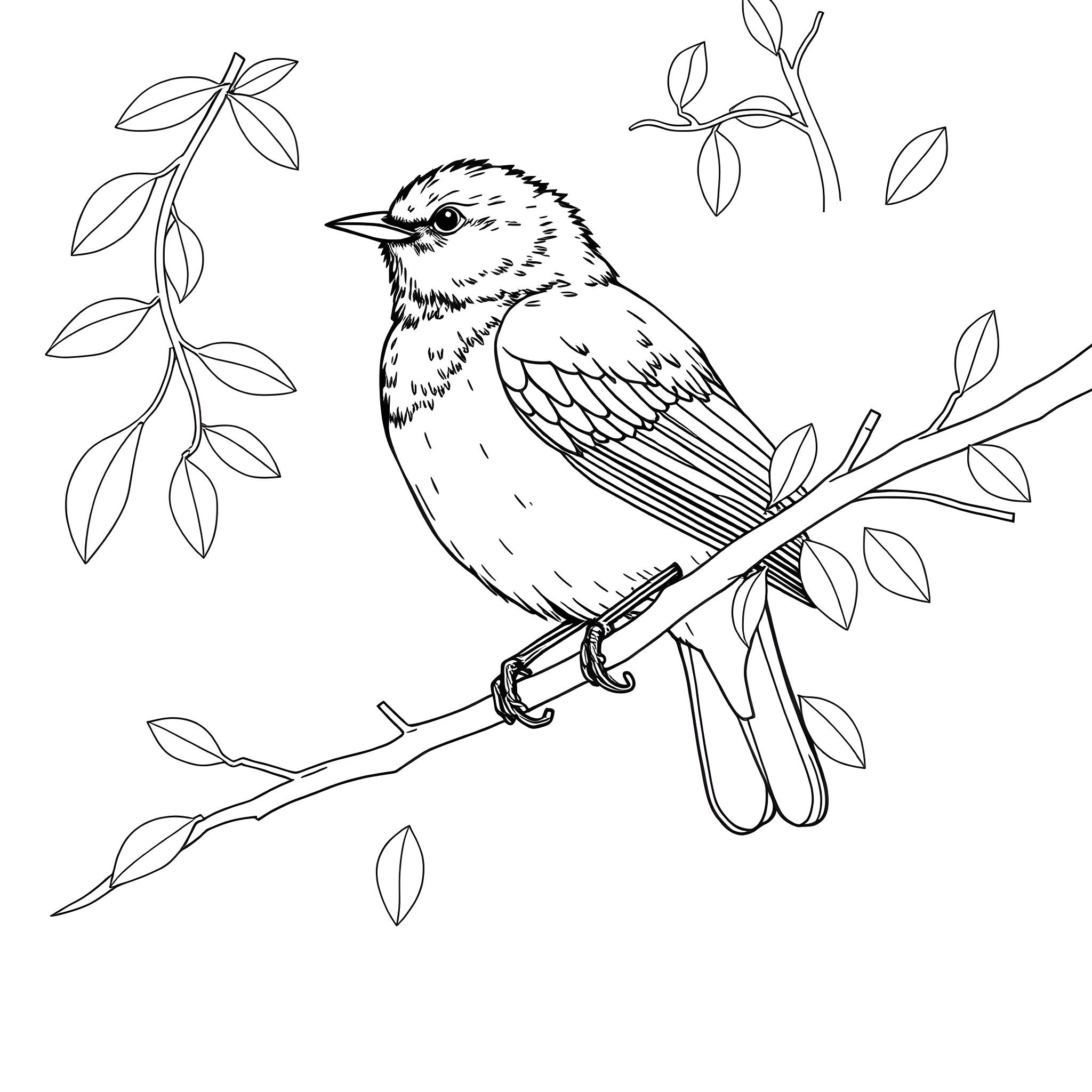 Indigo Bunting perched on a branch Coloring Page (free black-and-white line drawing printable PDF for all, from beginners to advanced learners, including children, teens, adults, and seniors)
