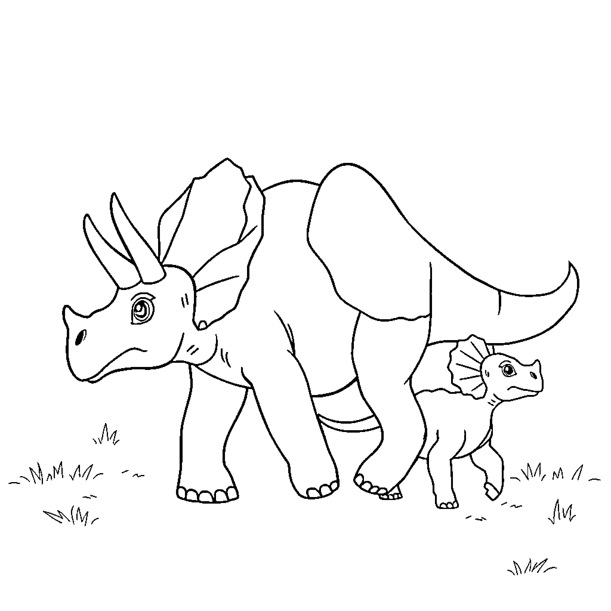 Triceratops mother and baby in nature Coloring Page (free black-and-white line drawing printable PDF for all, from beginners to advanced learners, including children, teens, adults, and seniors)