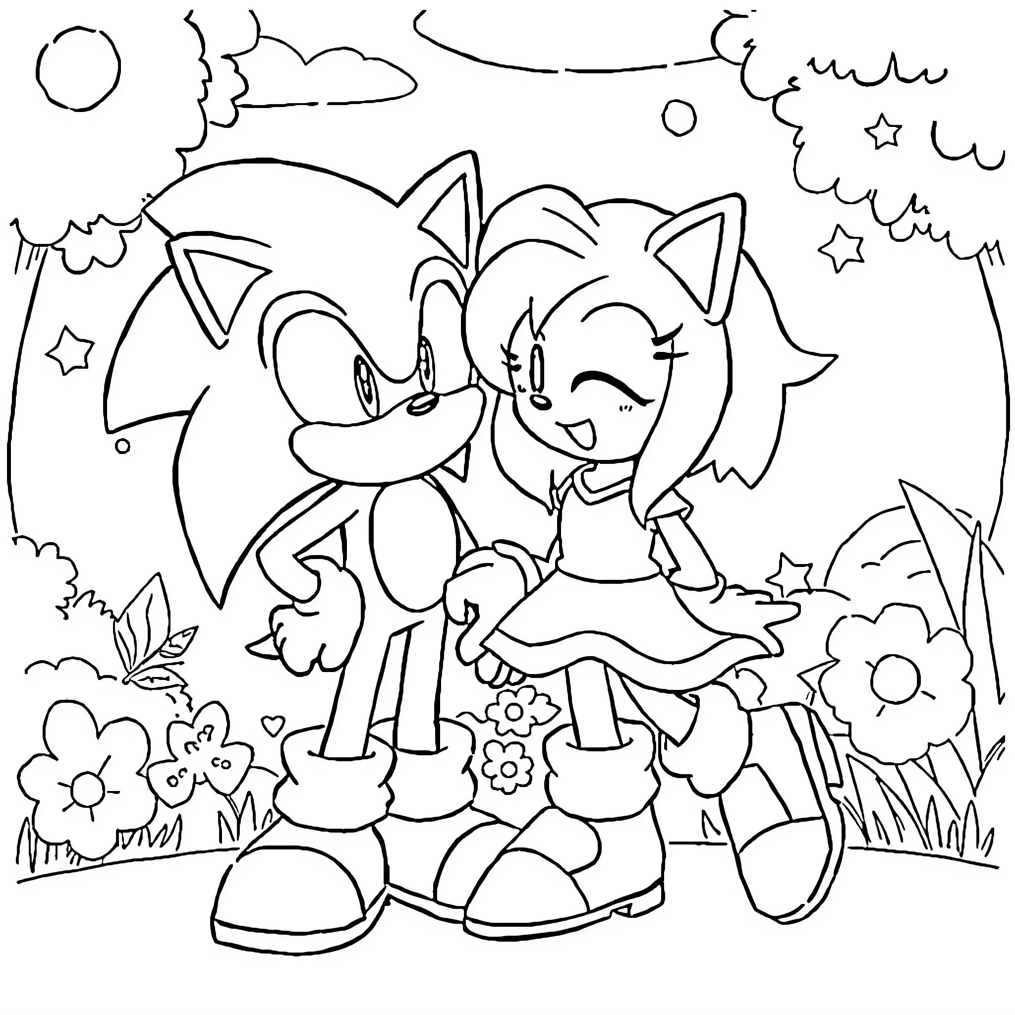 Sonic characters in a playful nature scene Coloring Page (free black-and-white line drawing printable PDF for all, from beginners to advanced learners, including children, teens, adults, and seniors)