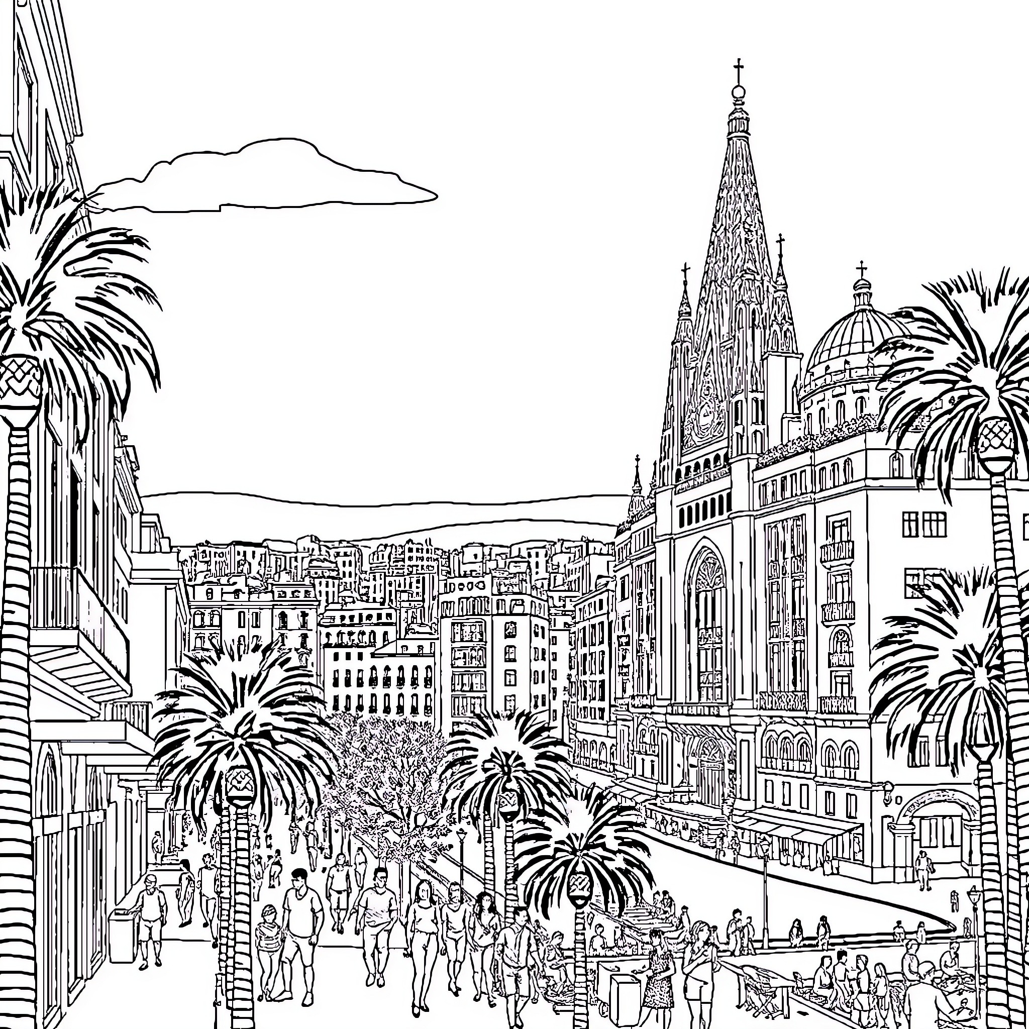 Barcelona cityscape with bustling streets and iconic architecture Coloring Page (free black-and-white line drawing printable PDF for all, from beginners to advanced learners, including children, teens, adults, and seniors)