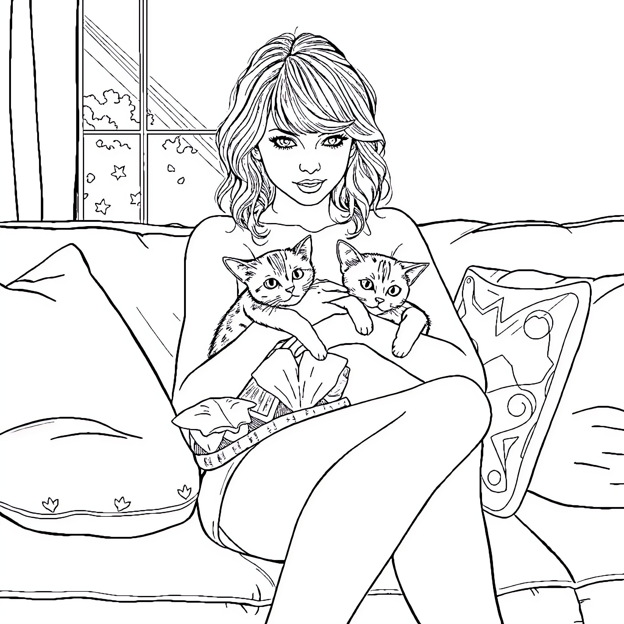 Taylor Swift with two kittens in cozy room Coloring Page (free black-and-white line drawing printable PDF for all, from beginners to advanced learners, including children, teens, adults, and seniors)