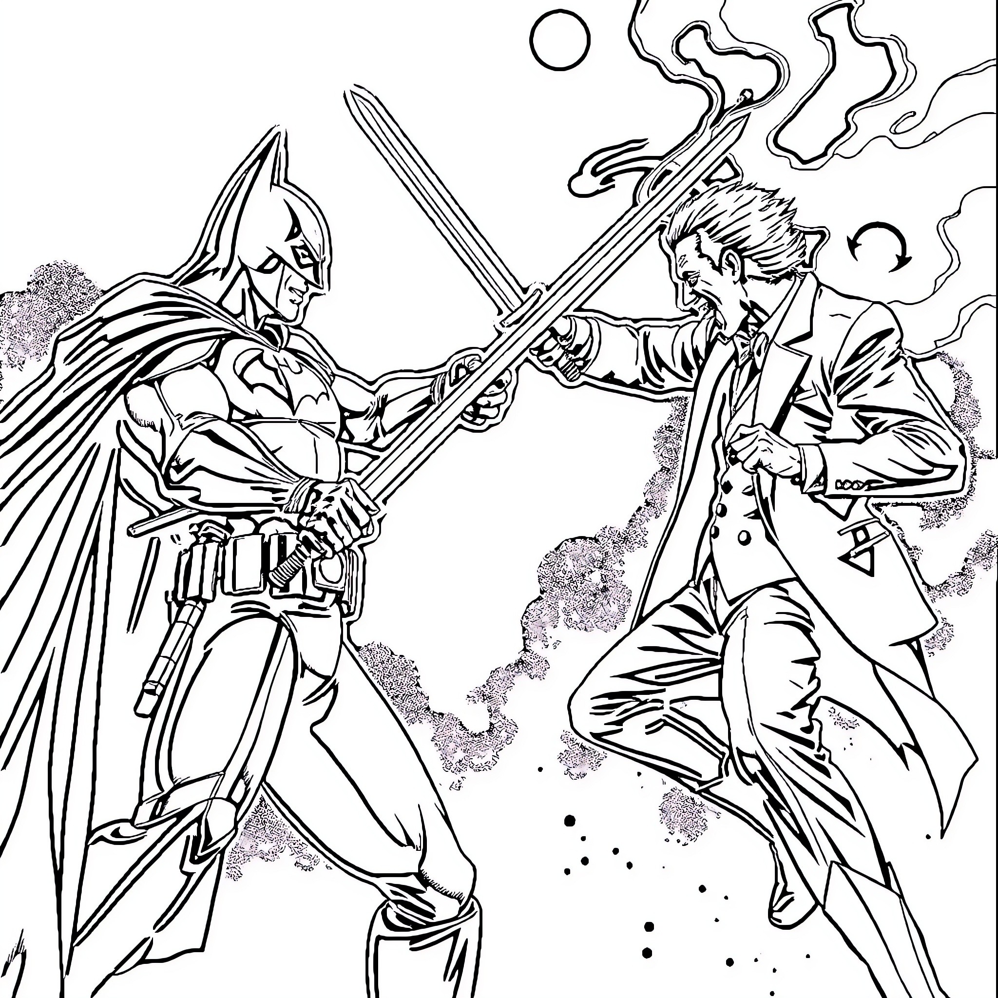 Batman's Duel with the Joker in a Dramatic Confrontation Coloring Page (free black-and-white line drawing printable PDF for all, from beginners to advanced learners, including children, teens, adults, and seniors)