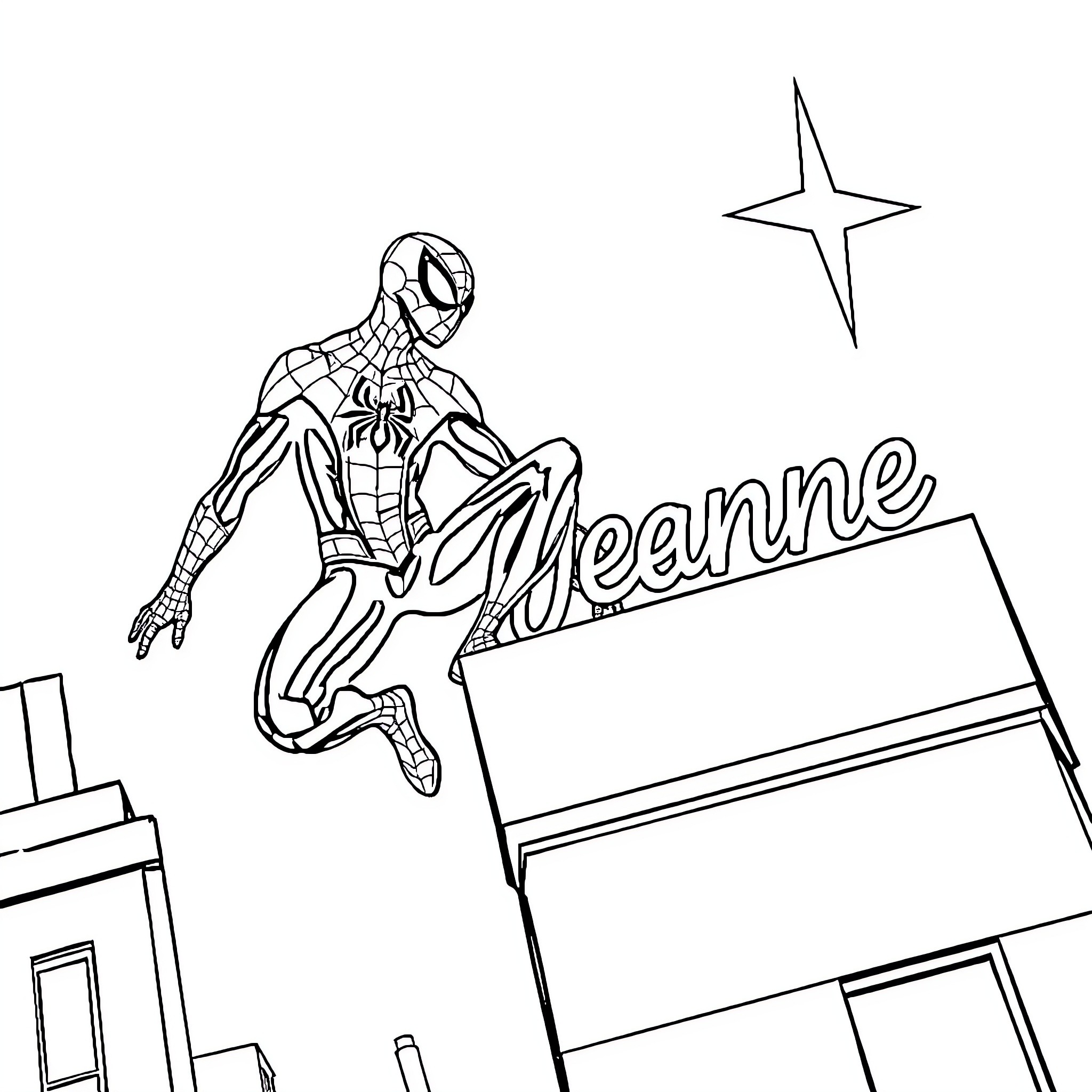 Spiderman swinging through the city with excitement Coloring Page (free black-and-white line drawing printable PDF for all, from beginners to advanced learners, including children, teens, adults, and seniors)