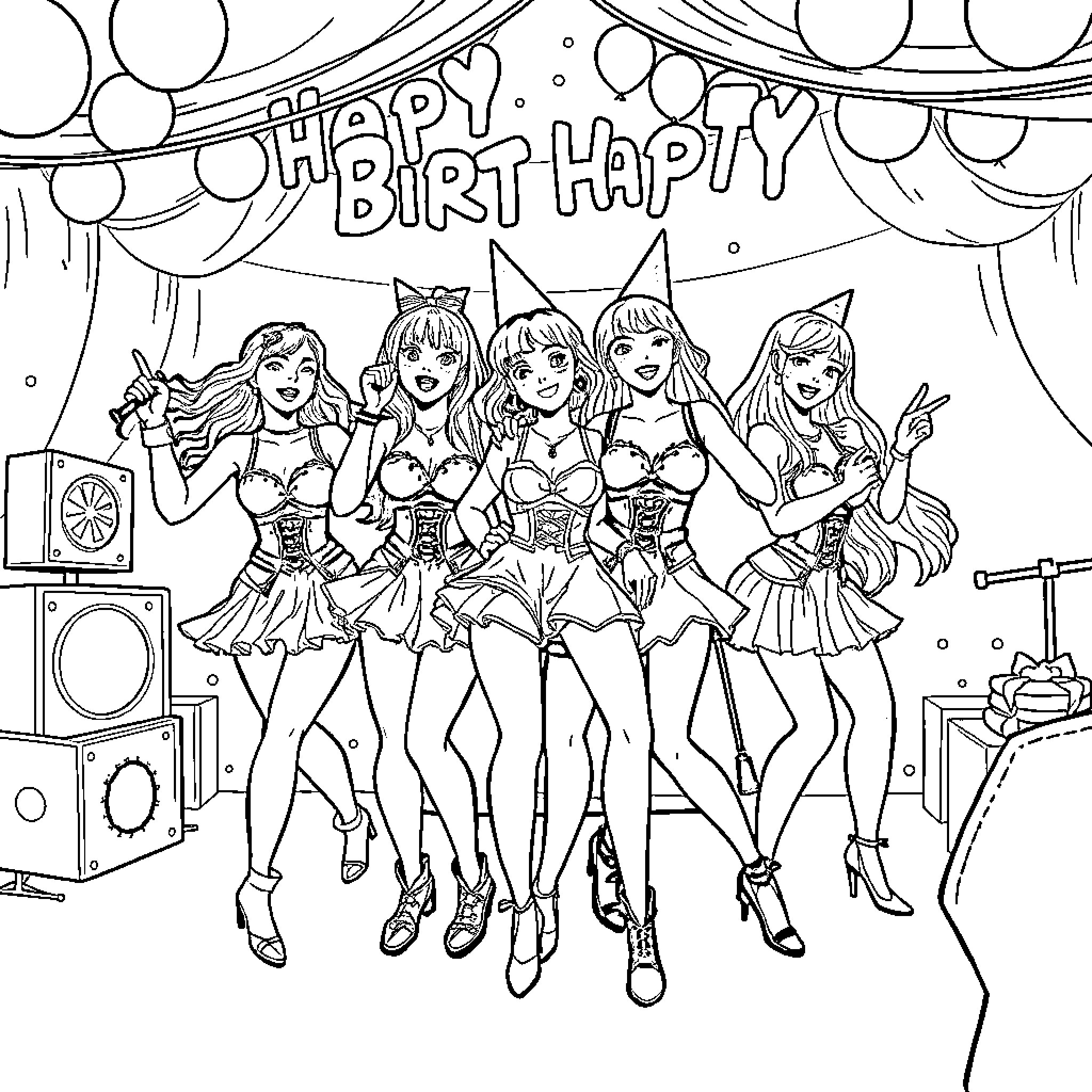 K-pop Girl Group Celebrating a Happy Birthday Coloring Page (free black-and-white line drawing printable PDF for all, from beginners to advanced learners, including children, teens, adults, and seniors)