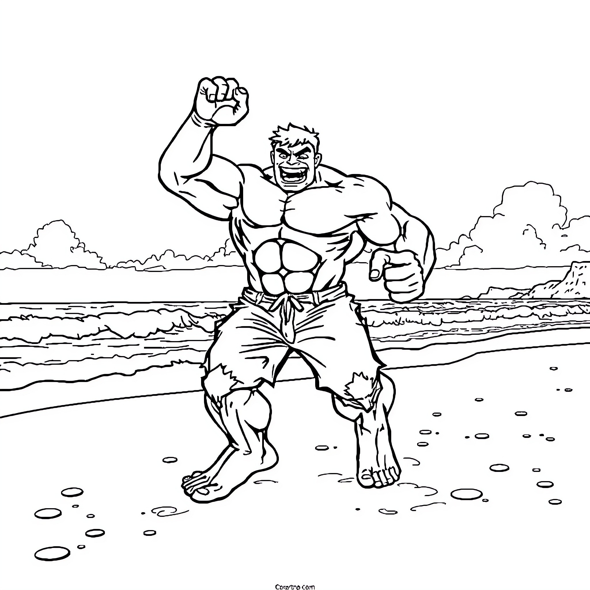 Hulk Unleashing Mighty Strength on the Beach Coloring Page (free black-and-white line drawing printable PDF for all, from beginners to advanced learners, including children, teens, adults, and seniors)