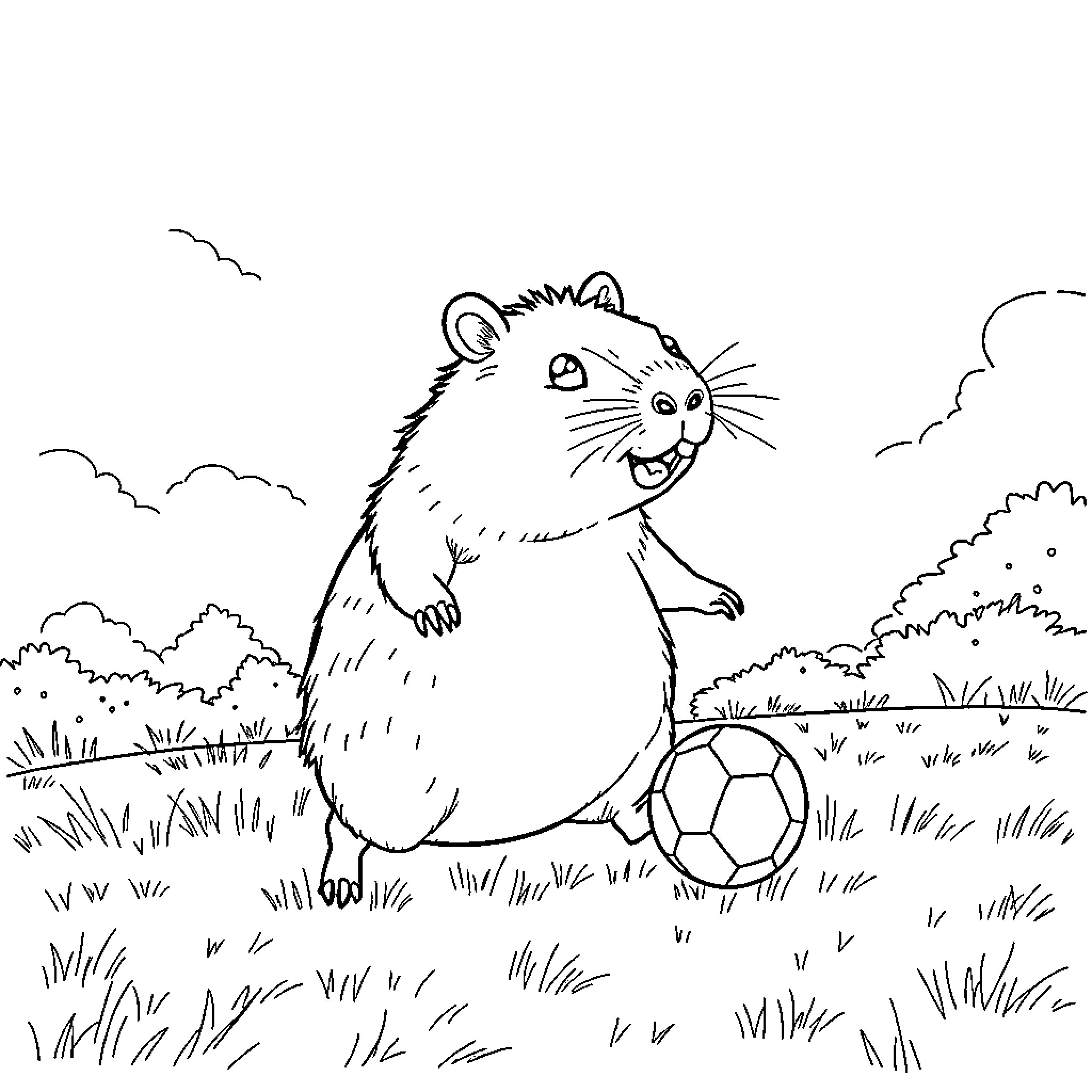 Capybara playing with a soccer ball in the field Coloring Page (free black-and-white line drawing printable PDF for all, from beginners to advanced learners, including children, teens, adults, and seniors)
