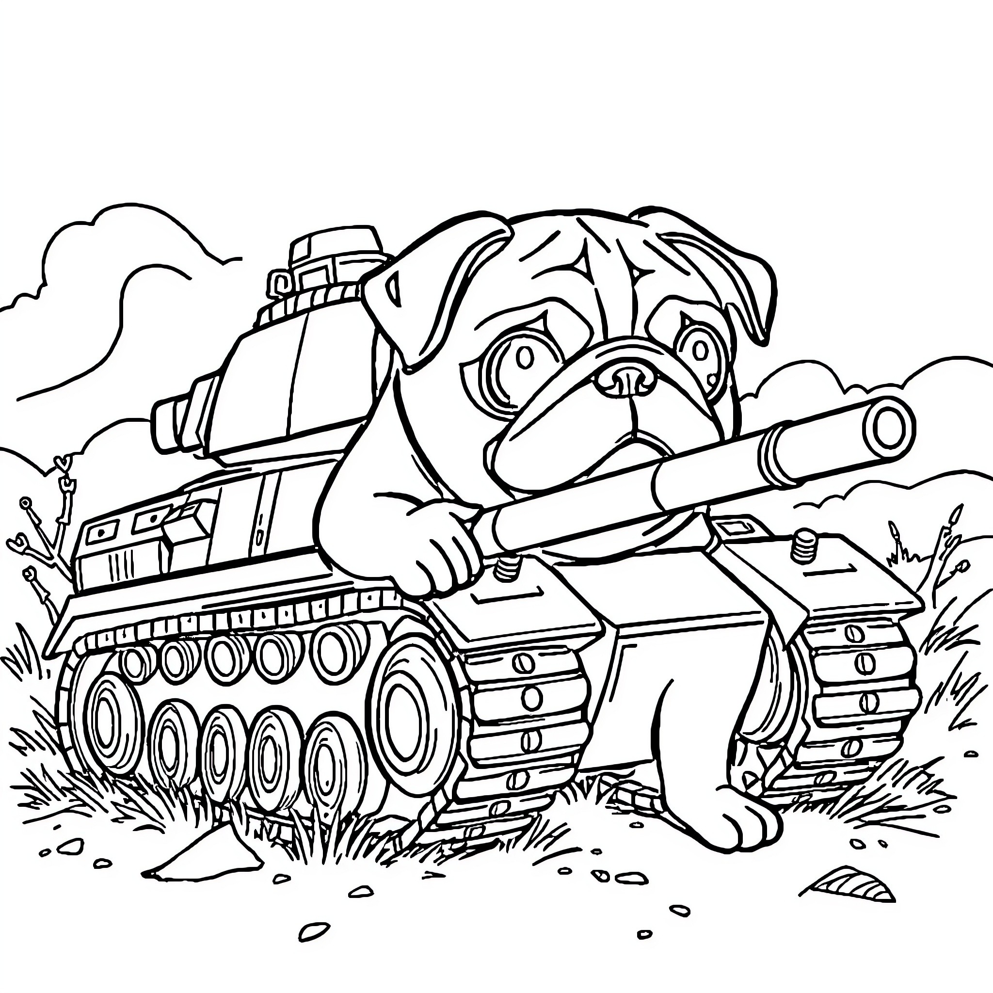 Pug driving a military tank in the field Coloring Page (free black-and-white line drawing printable PDF for all, from beginners to advanced learners, including children, teens, adults, and seniors)